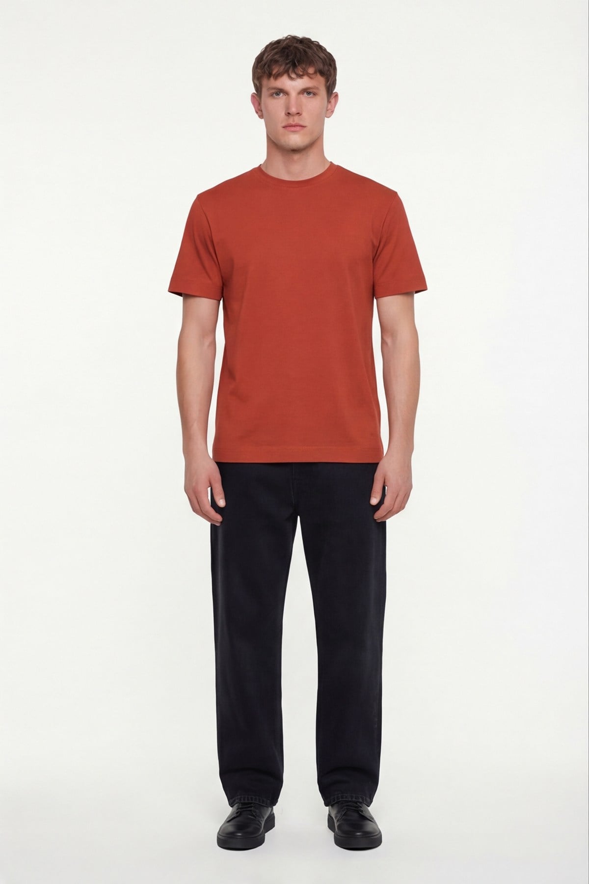 Erkek Kiremit Normal Kesim Regular Fit %100 Pamuk Dokuma Bisiklet Yaka Basic T-Shirt