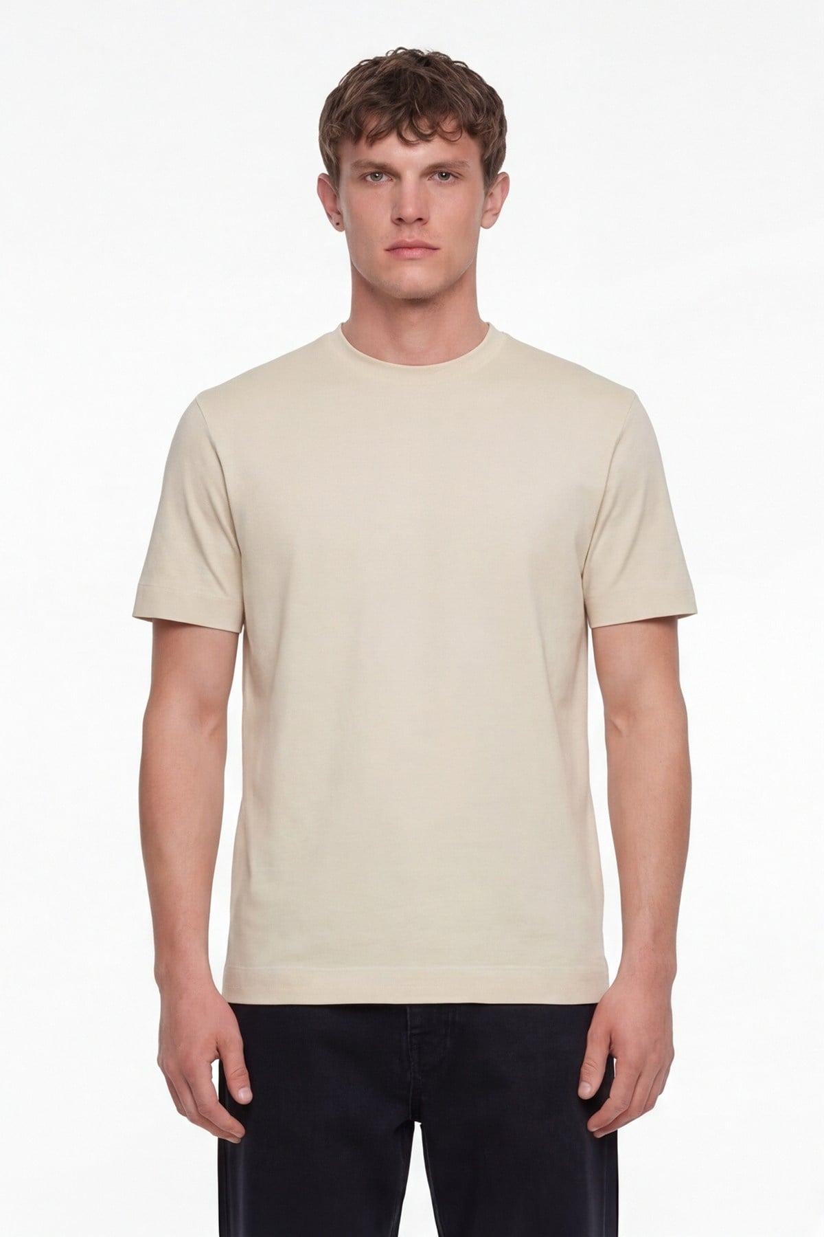 Erkek Koyu Krem Normal Kesim Regular Fit %100 Pamuk Dokuma Bisiklet Yaka Basic T-Shirt
