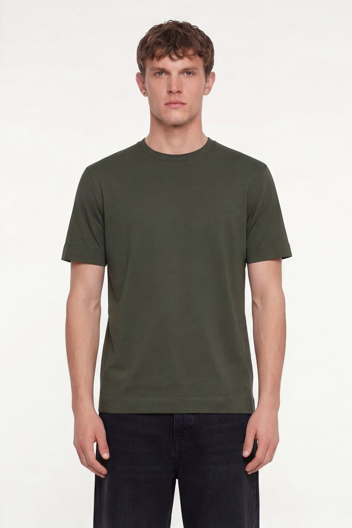 Erkek Koyu Yeşil Normal Kesim Regular Fit %100 Pamuk Dokuma Bisiklet Yaka Basic T-Shirt