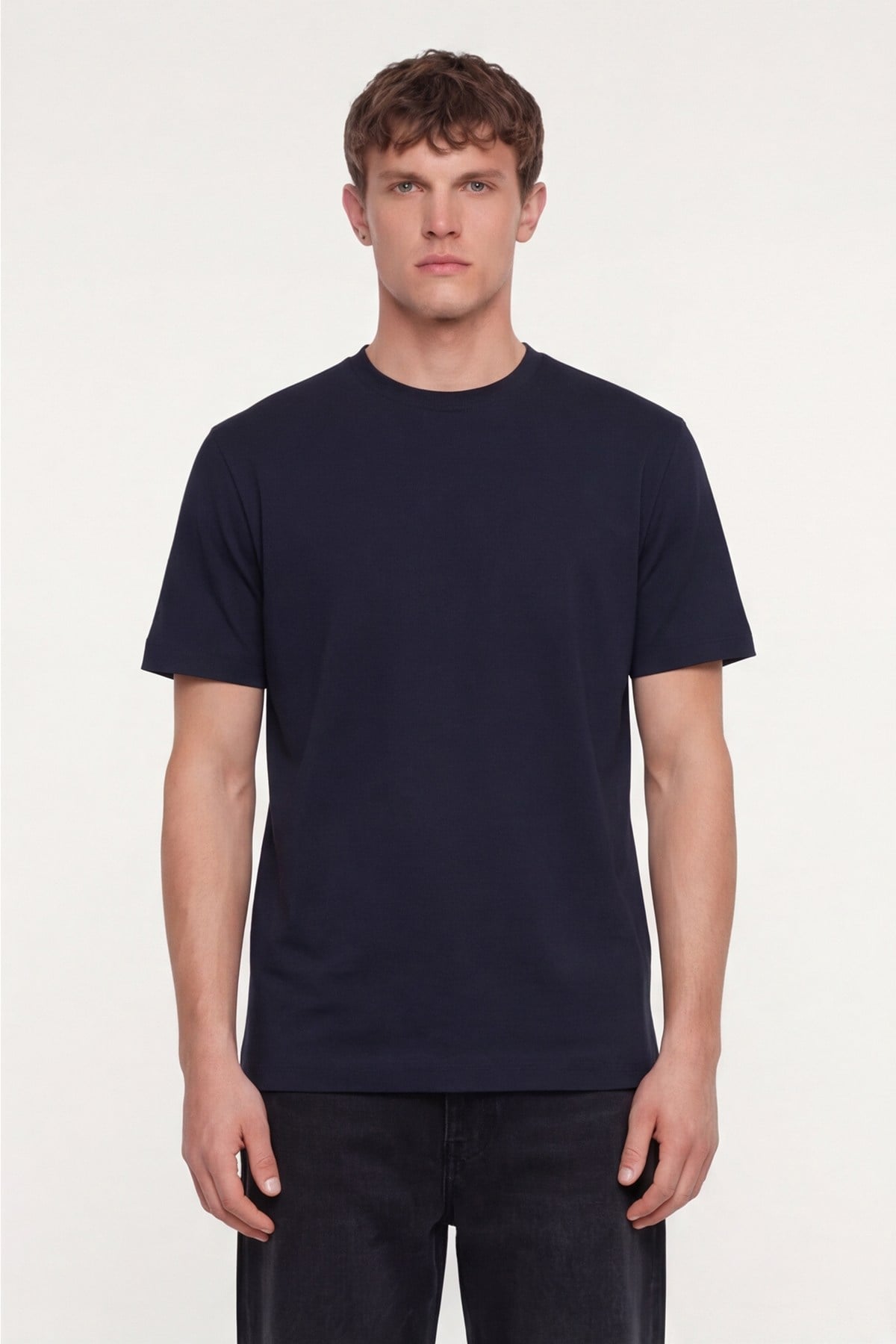 Erkek Lacivert Normal Kesim Regular Fit %100 Pamuk Dokuma Bisiklet Yaka Basic T-Shirt