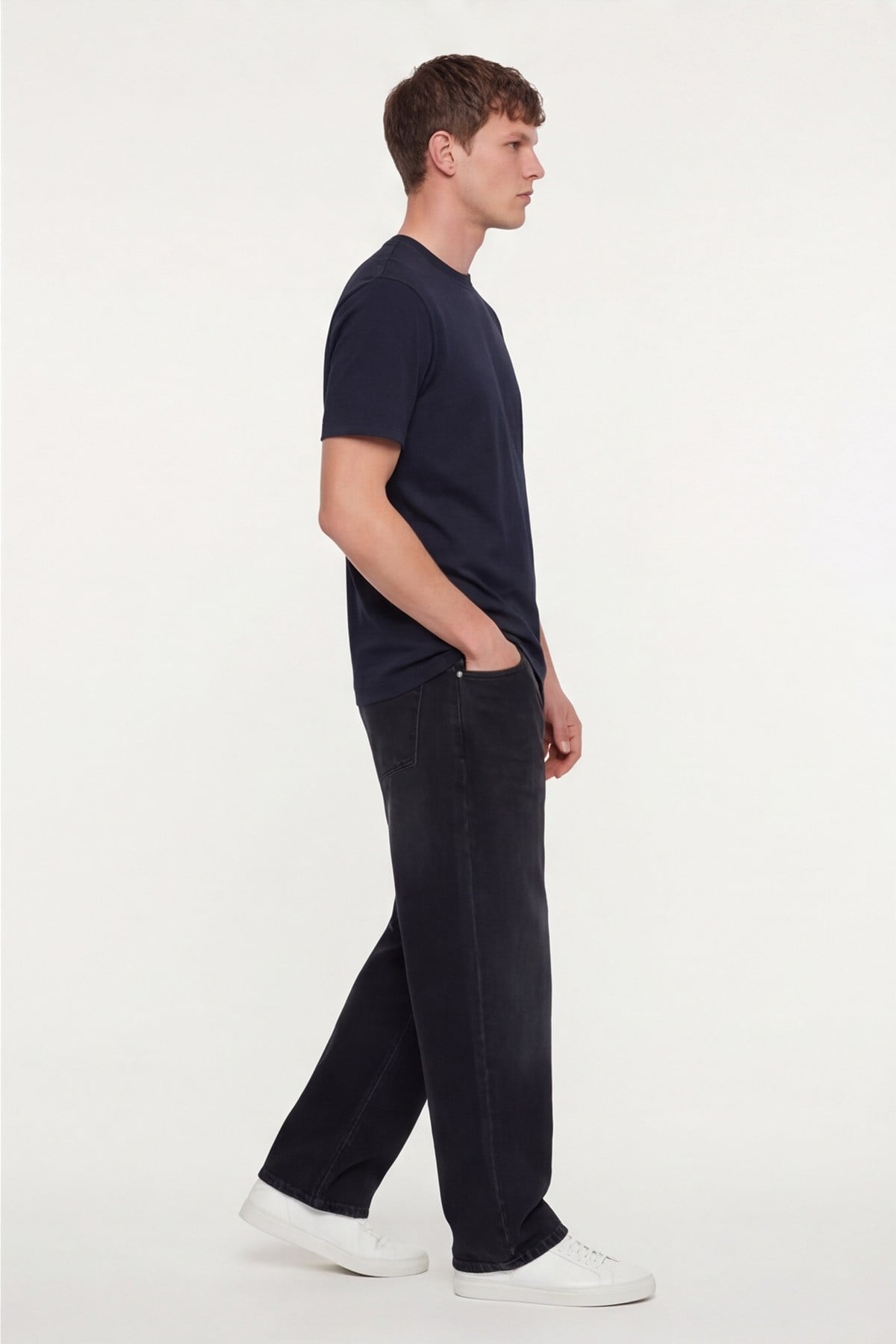 Erkek Lacivert Normal Kesim Regular Fit %100 Pamuk Dokuma Bisiklet Yaka Basic T-Shirt