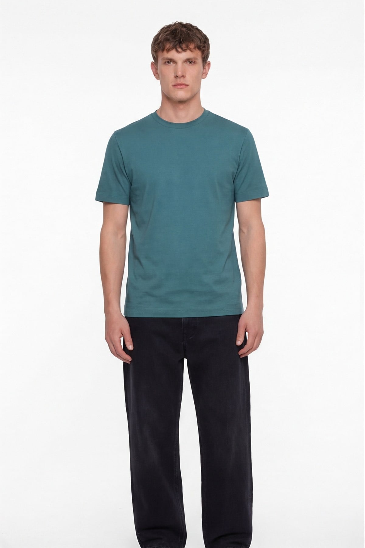 Erkek Petrol Normal Kesim Regular Fit %100 Pamuk Dokuma Bisiklet Yaka Basic T-Shirt