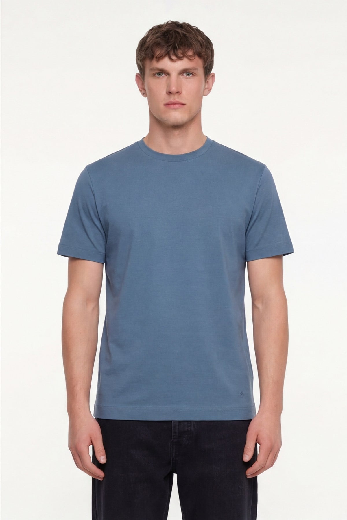 Erkek Pilot Mavi Normal Kesim Regular Fit %100 Pamuk Dokuma Bisiklet Yaka Basic T-Shirt