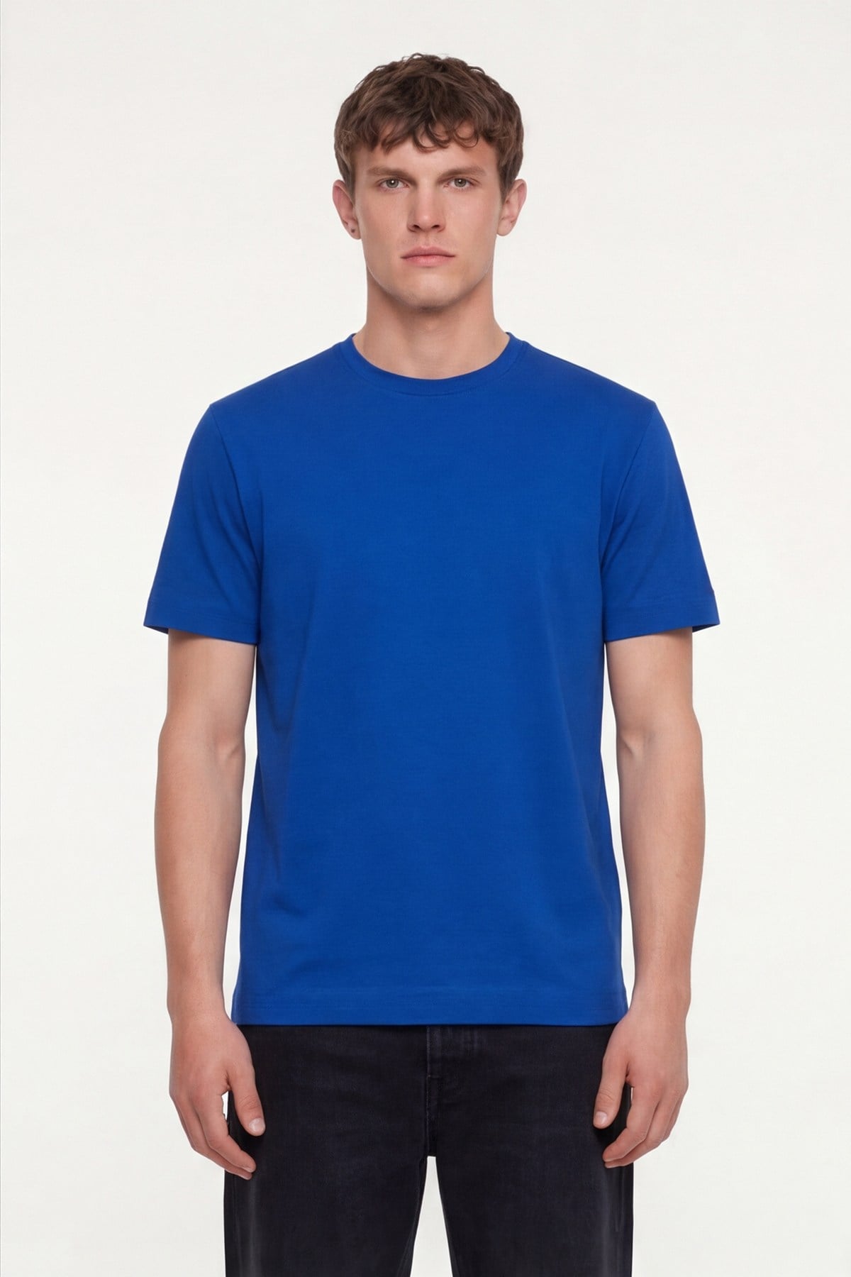 Erkek Saks Mavi Normal Kesim Regular Fit %100 Pamuk Dokuma Bisiklet Yaka Basic T-Shirt