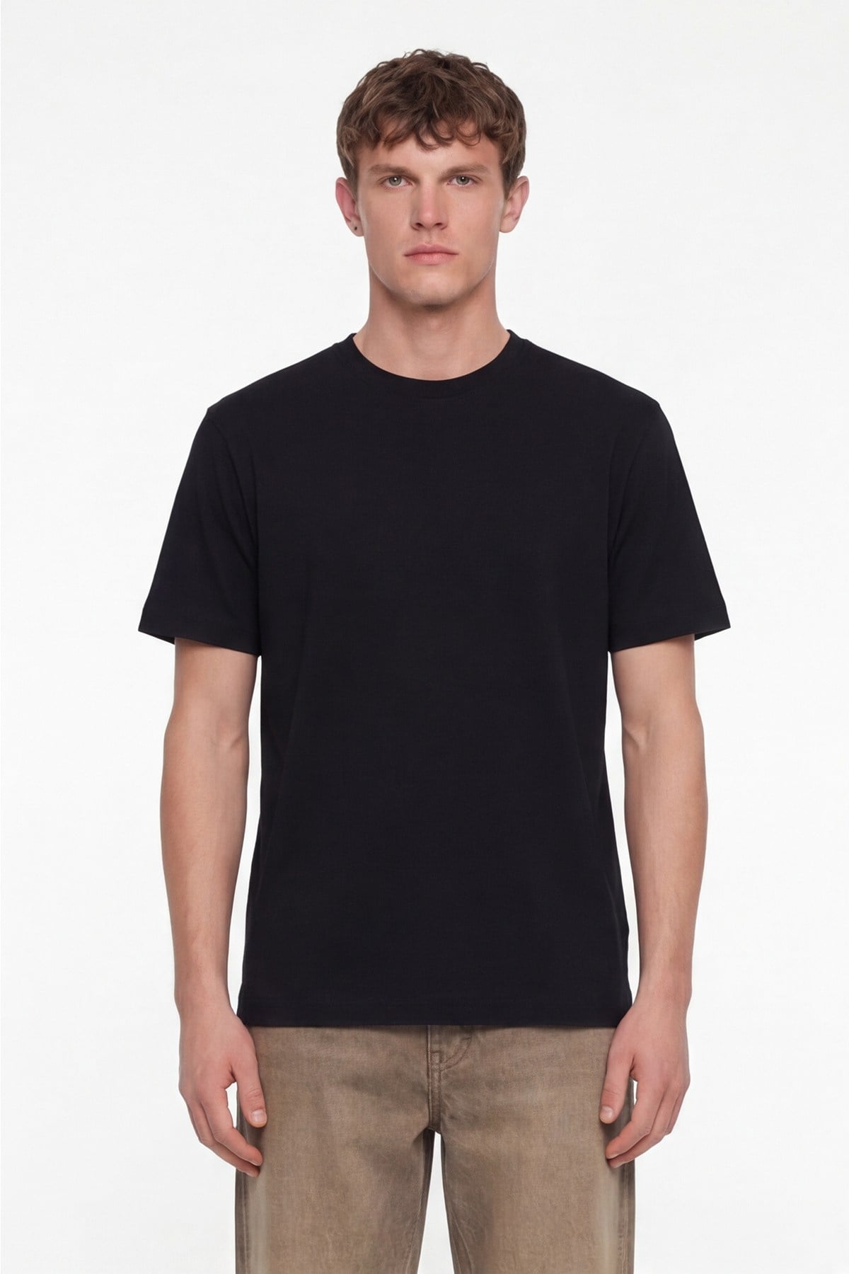 Erkek Siyah Normal Kesim Regular Fit %100 Pamuk Dokuma Bisiklet Yaka Basic T-Shirt