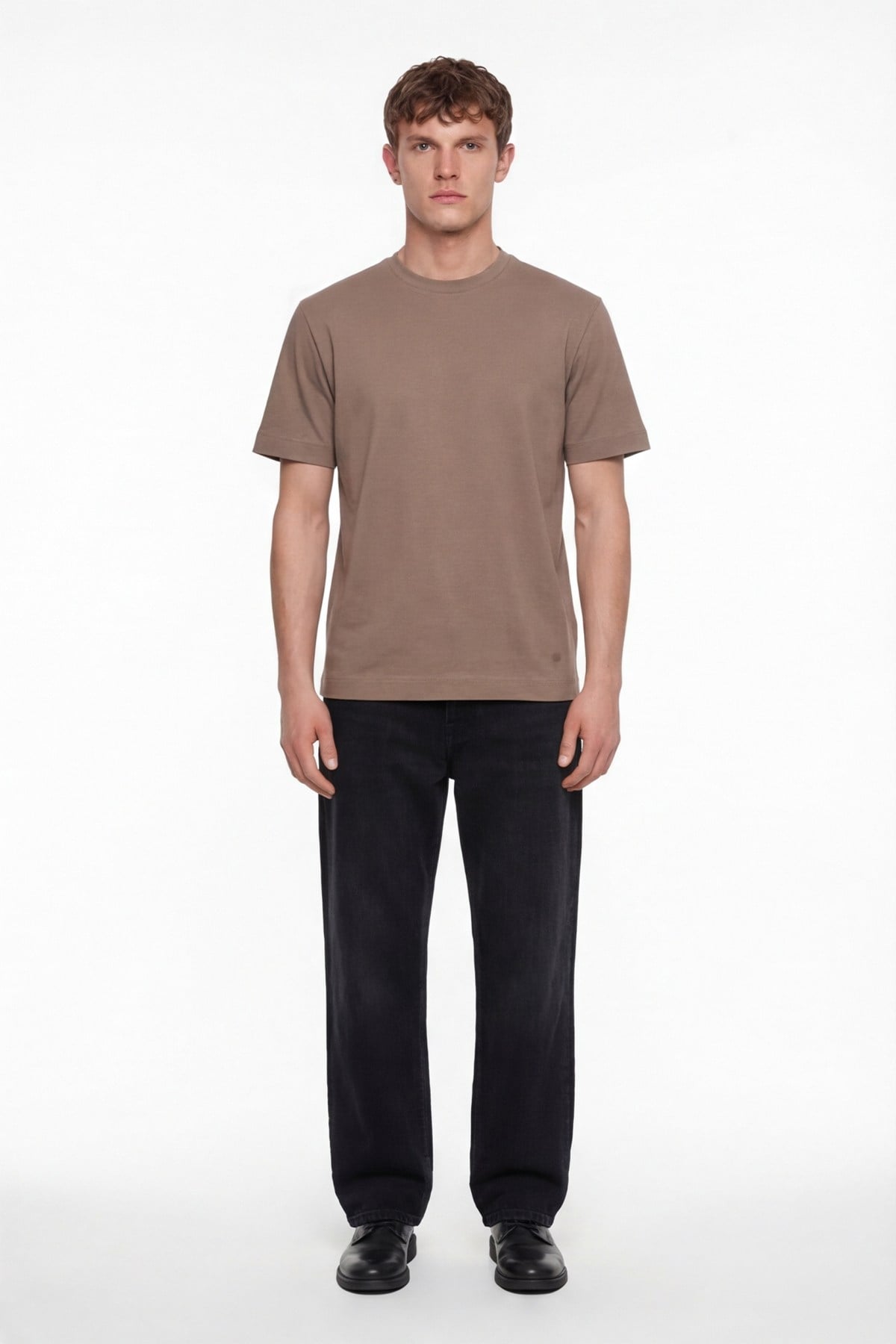 Erkek Taba Normal Kesim Regular Fit %100 Pamuk Dokuma Bisiklet Yaka Basic T-Shirt