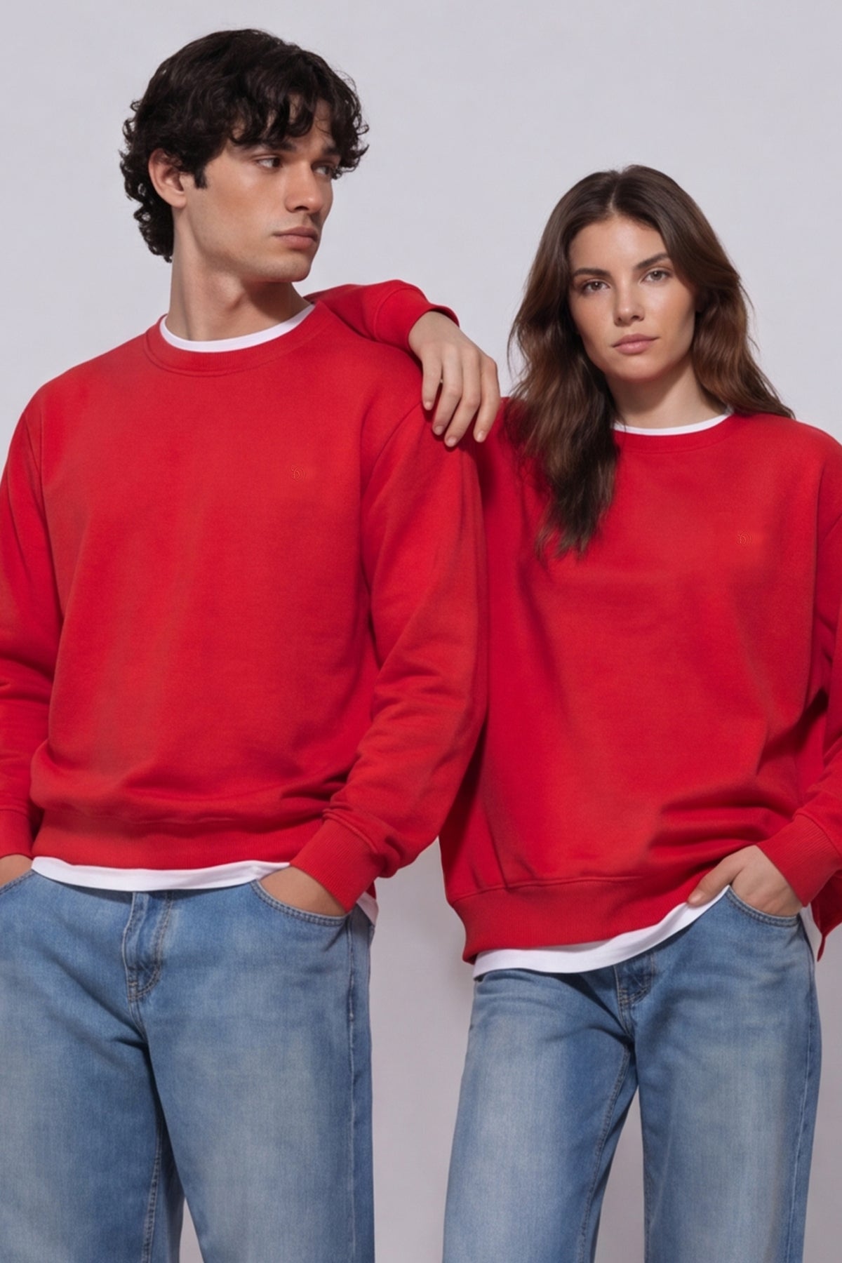 Unisex Kırmızı Regular Fit %100 Pamuk Bisiklet Yaka Sweatshirt