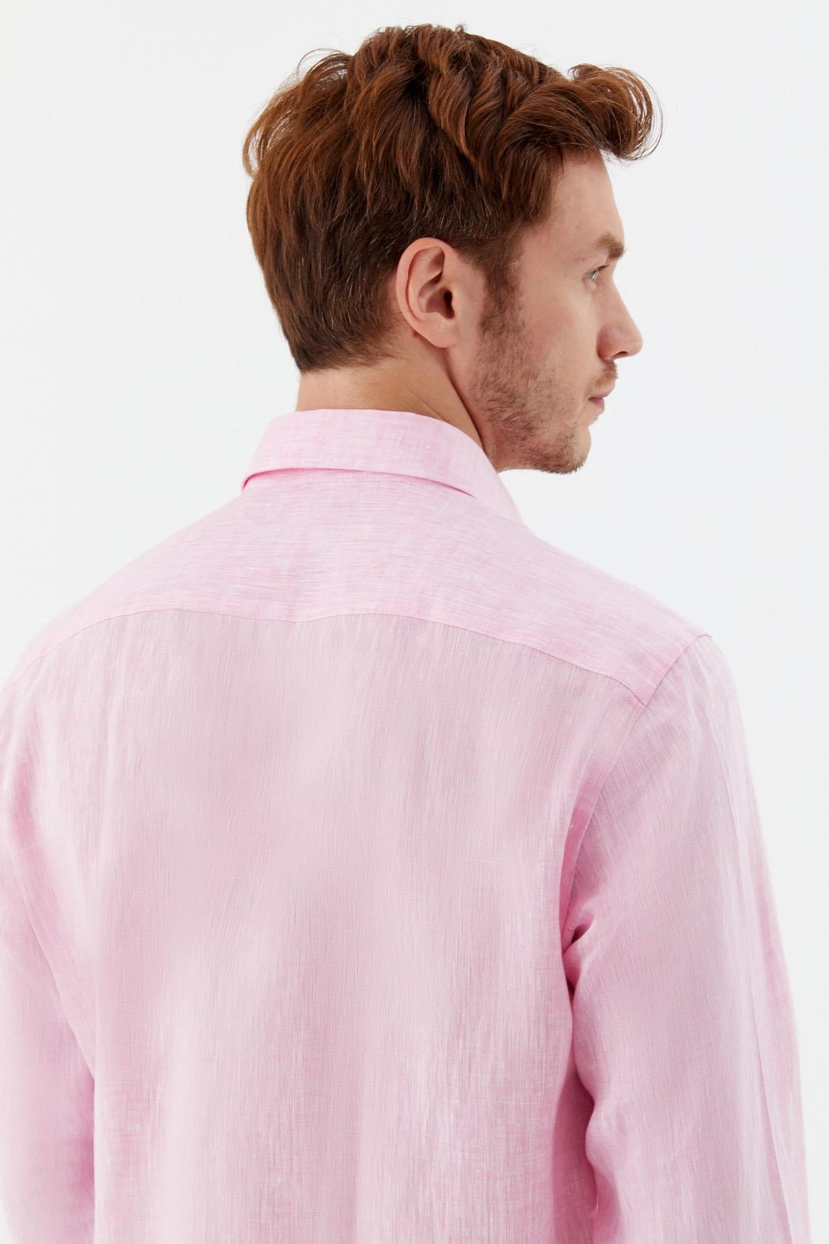 Pembe %100 Keten Regular Fit Uzun Kollu Düğmeli Yaka Gömlek