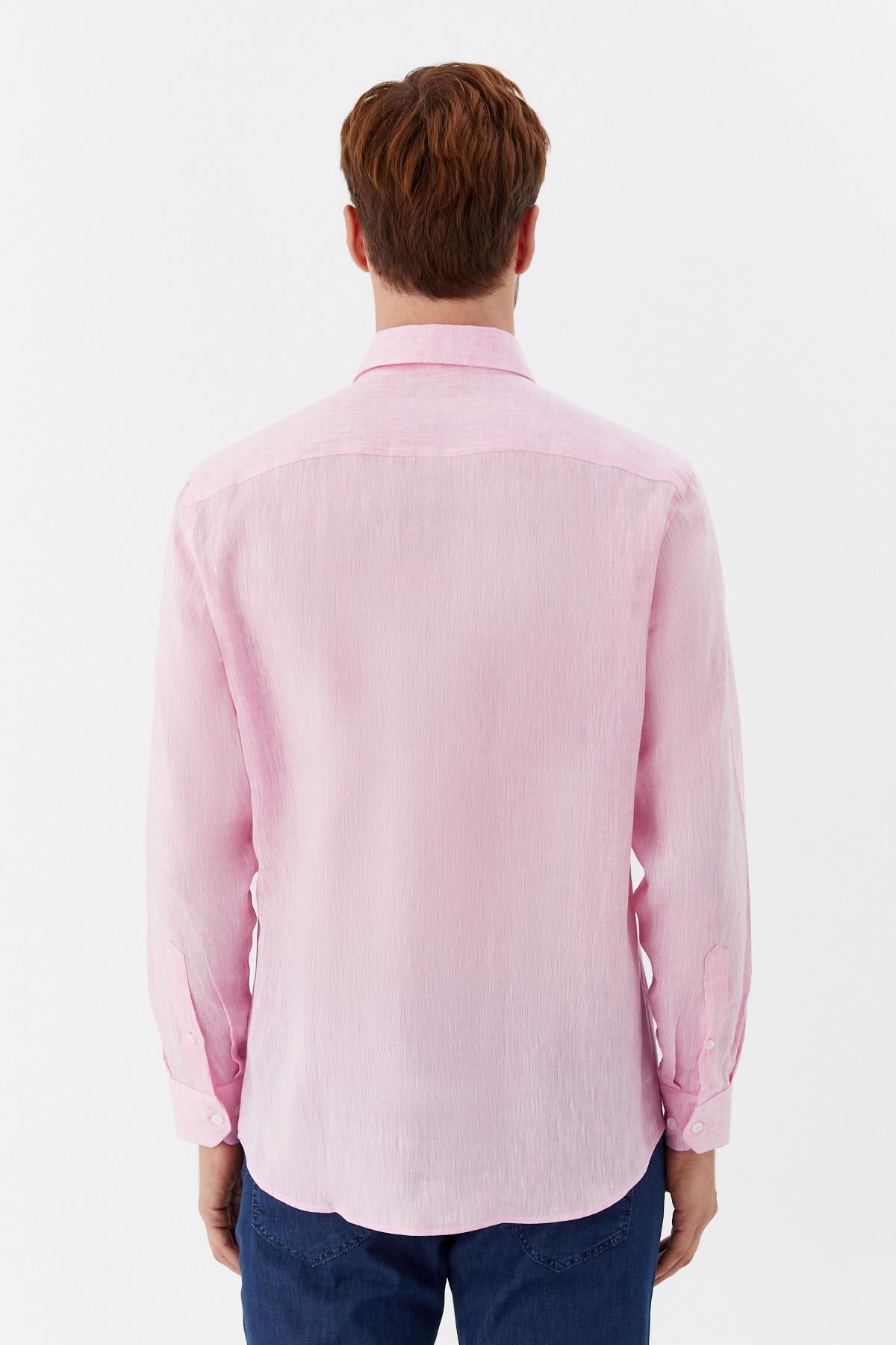 Erkek Pembe Normal Kesim Regular Fit  %100 Keten Uzun Kollu Düğmeli Yaka Gömlek