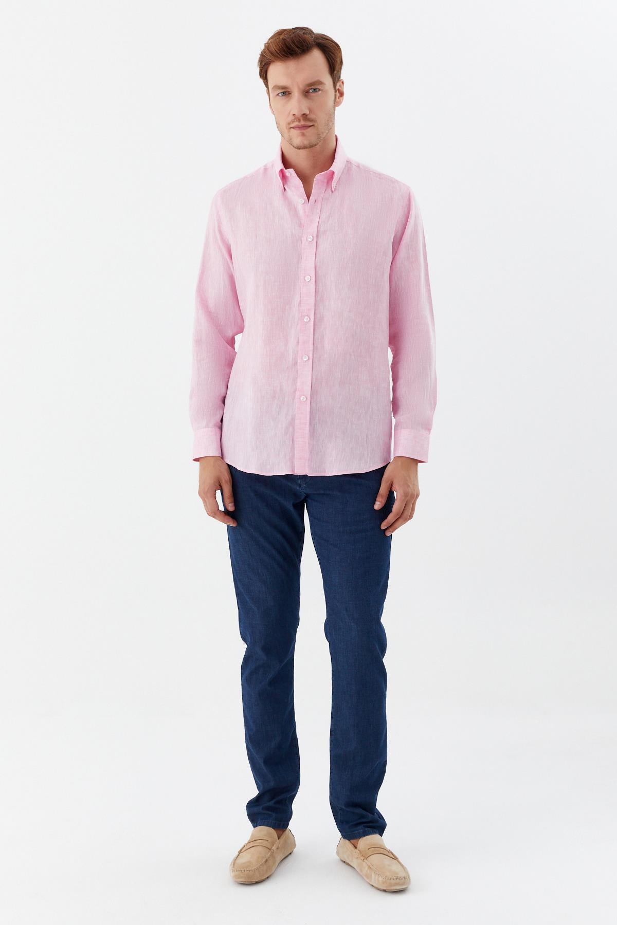 Erkek Pembe Normal Kesim Regular Fit  %100 Keten Uzun Kollu Düğmeli Yaka Gömlek
