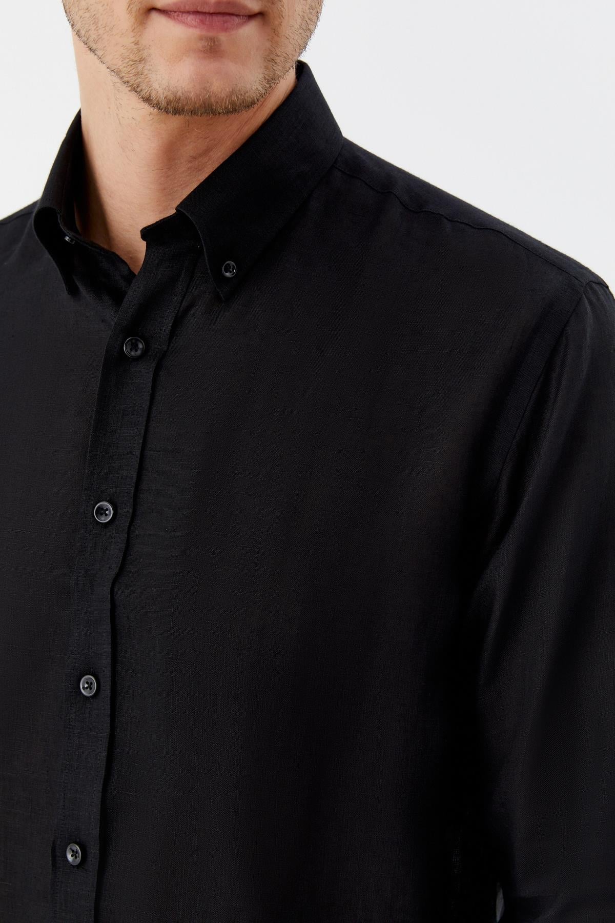 Erkek Siyah Normal Kesim Regular Fit  %100 Keten Uzun Kollu Düğmeli Yaka Gömlek