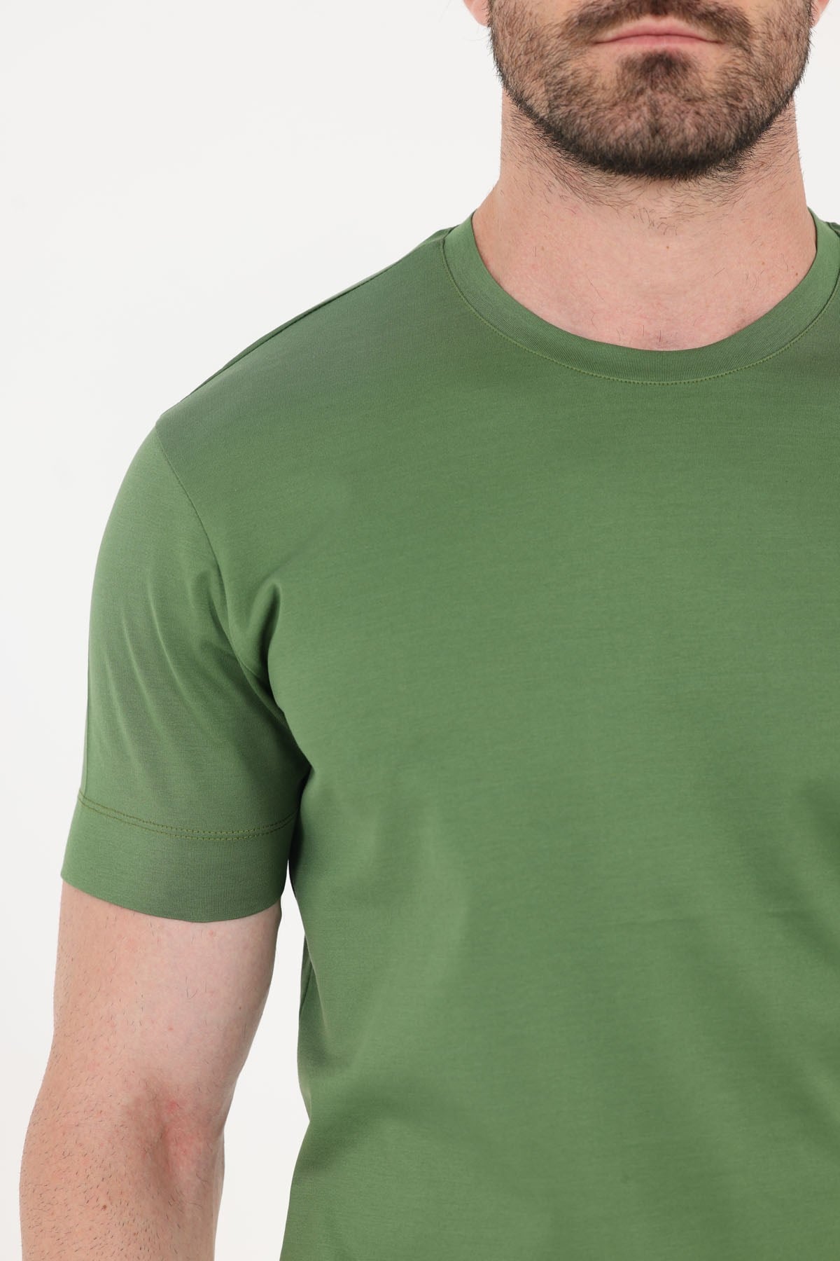 Yağ Yeşili %100 Pamuk Regular Fit Bisiklet Yaka Basic T-Shirt