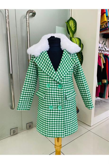 Saks Kazayağı Model Yakası Kürklü Içi Astarlı Kaban Yeşil 12 Yaş