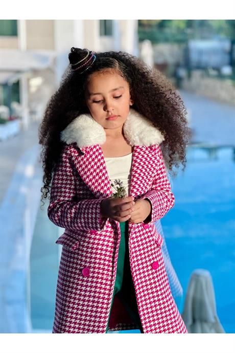 Saks Kazayağı Model Yakası Kürklü Içi Astarlı Kaban Pembe 4 Yaş