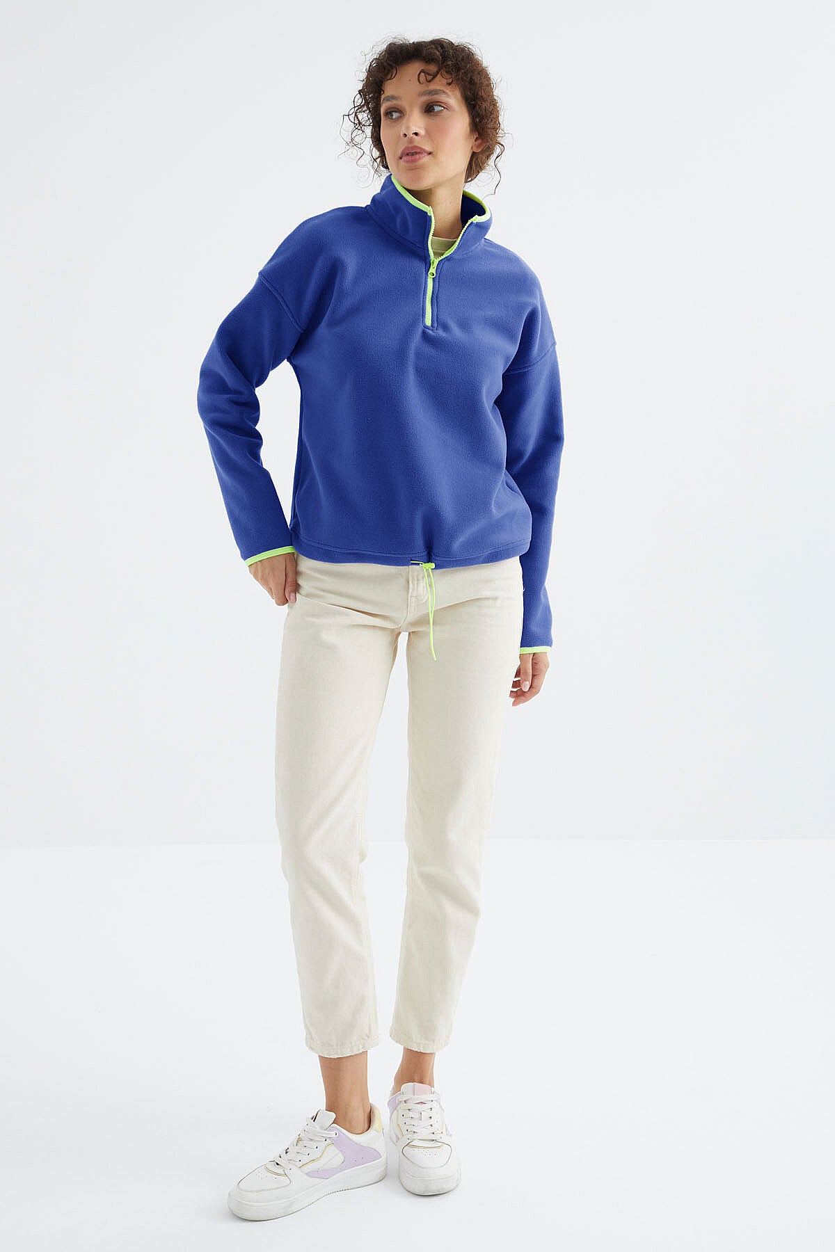Saks Yarım Fermuar Etek Ucu Büzgülü Dik Yaka Standart Kalıp Kadın Polar Sweatshirt - 97234