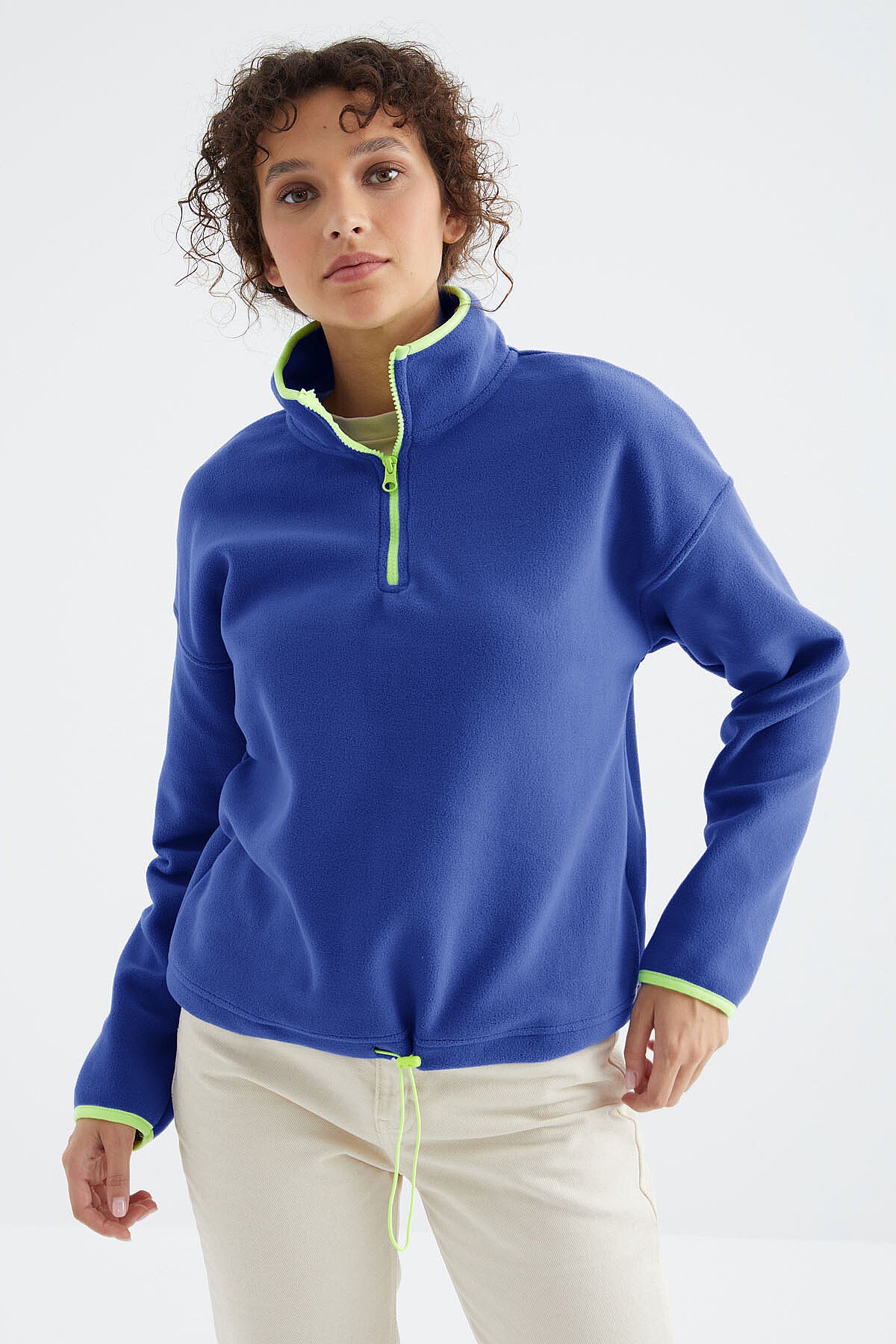 Saks Yarım Fermuar Etek Ucu Büzgülü Dik Yaka Standart Kalıp Kadın Polar Sweatshirt - 97234