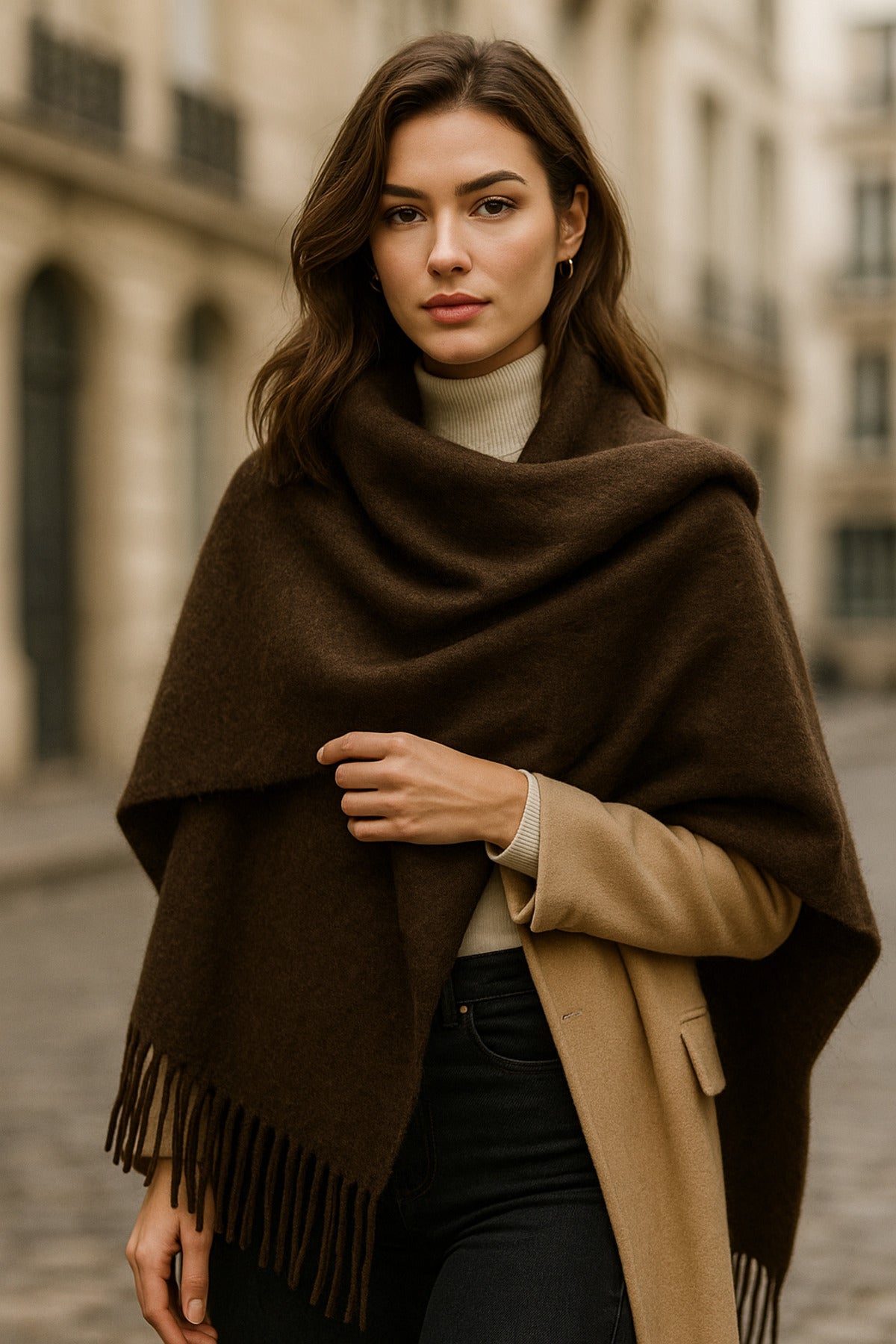 Kadın Basic Kahve Püsküllü Buklet Atkı - Şal 45x200 Cm Sal1285