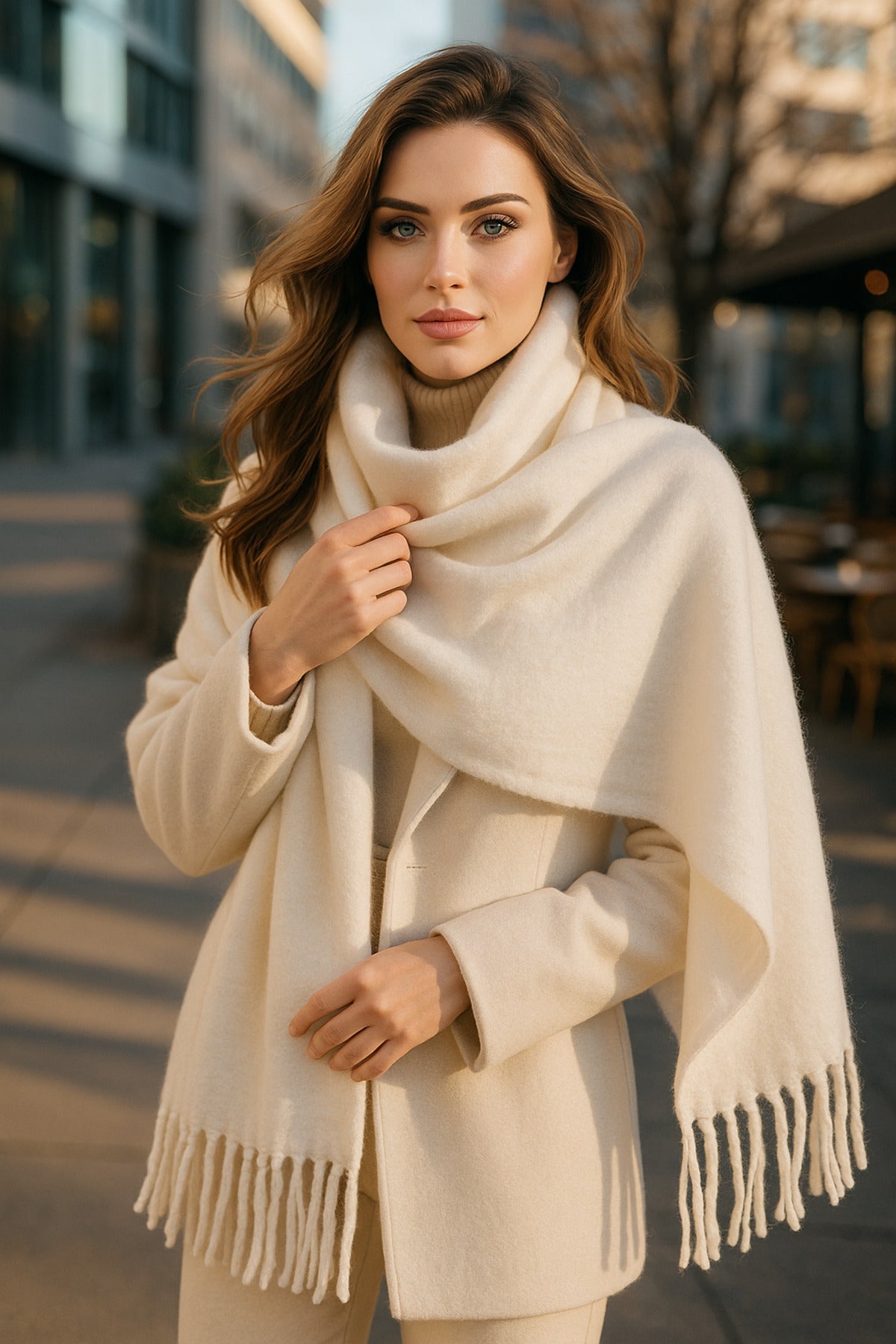 Beyaz Püsküllü Atkı – Şal Ve Geniş Yapı, Soğuk Hava Için Ideal Sal1296