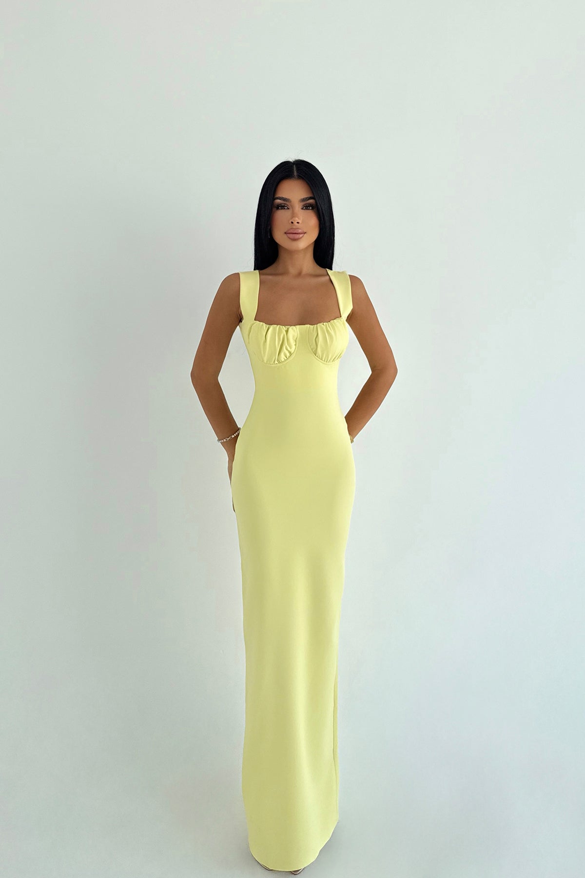 Sarı Shawly Uzun Elbise ATE-3489