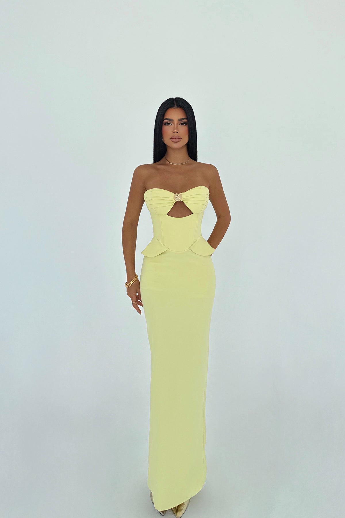 Sarı Soho Korse Detaylı Uzun Elbise ATE-3202