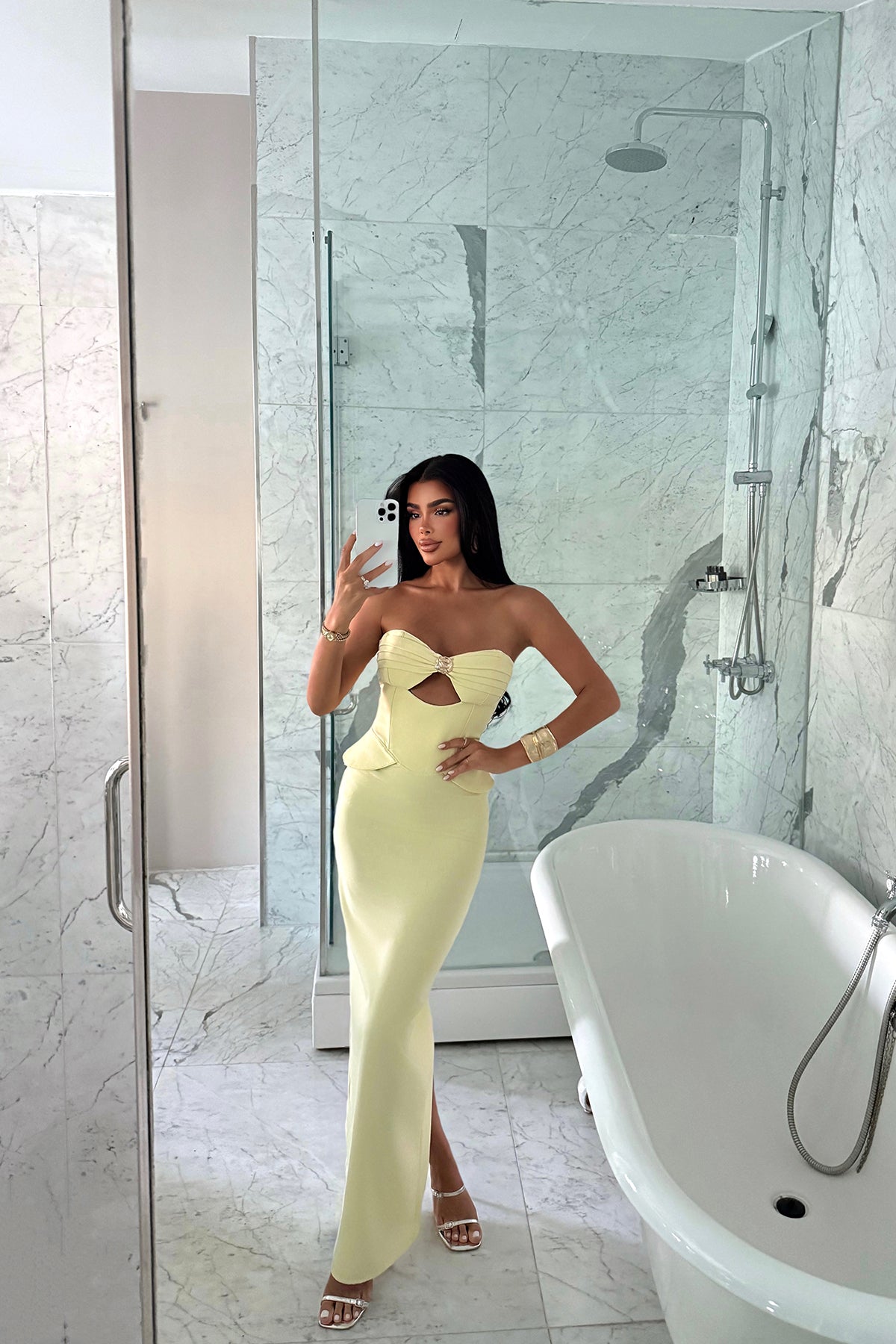 Sarı Soho Korse Detaylı Uzun Elbise ATE-3202