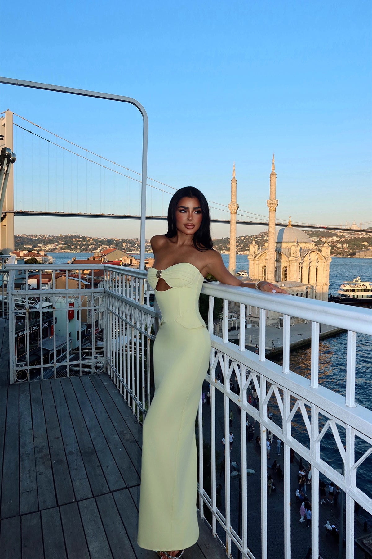 Sarı Soho Korse Detaylı Uzun Elbise ATE-3202