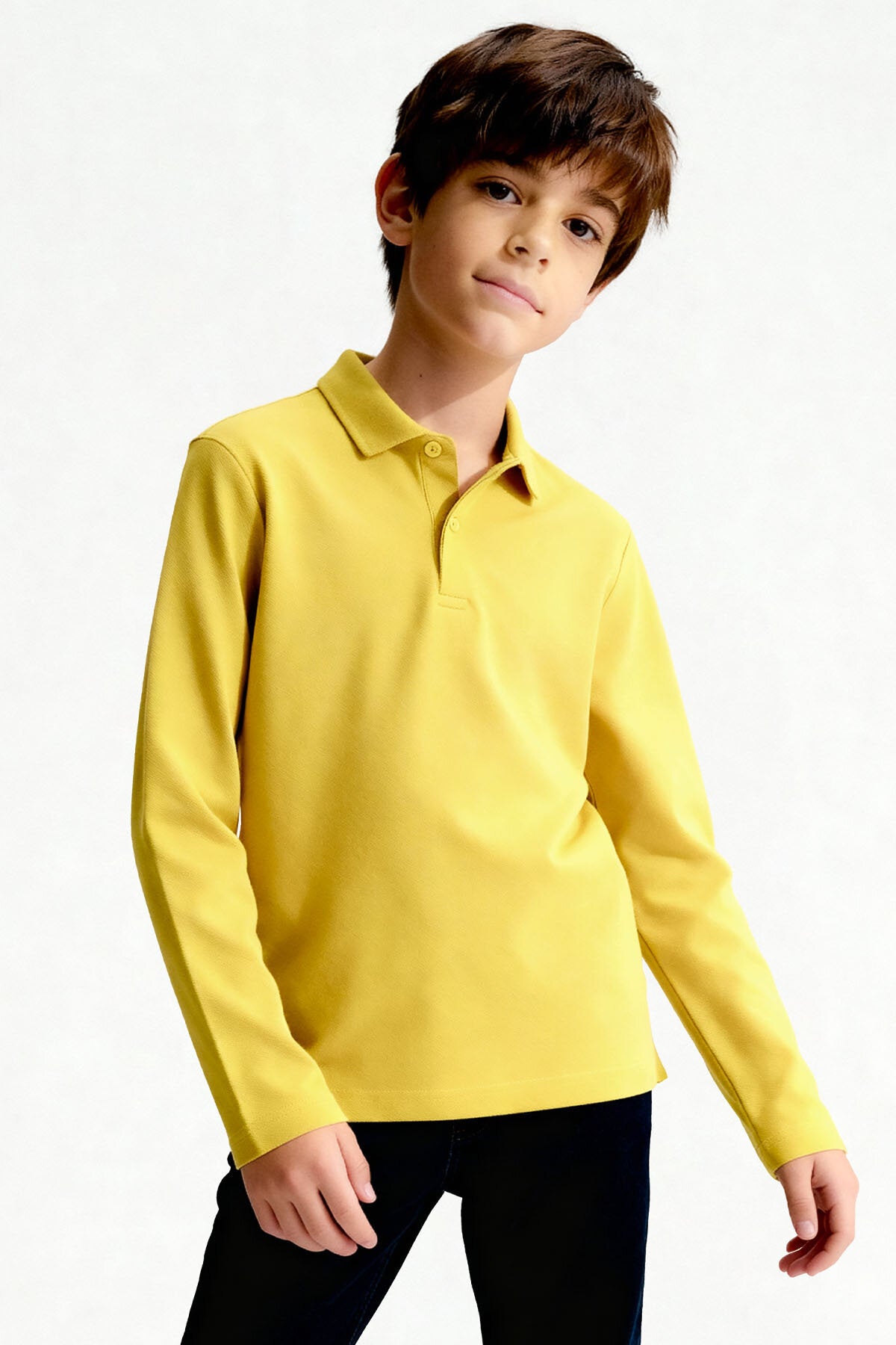 Sarı Polo Yaka Basic Uzun Kollu Unisex Çocuk T-Shirt - 11170