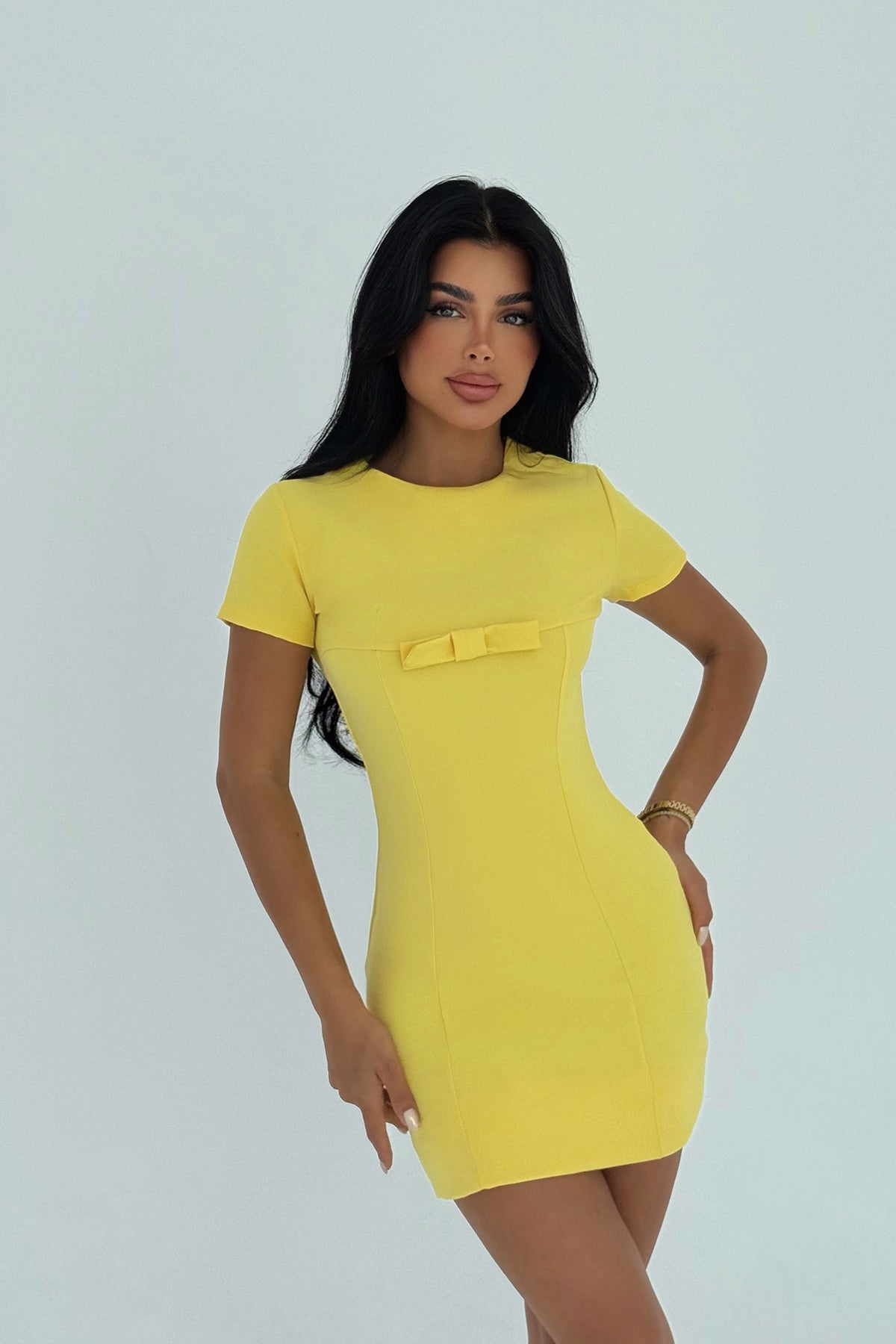 Sarı Ynise Fiyonk Detaylı Mini Elbise ATE-3013