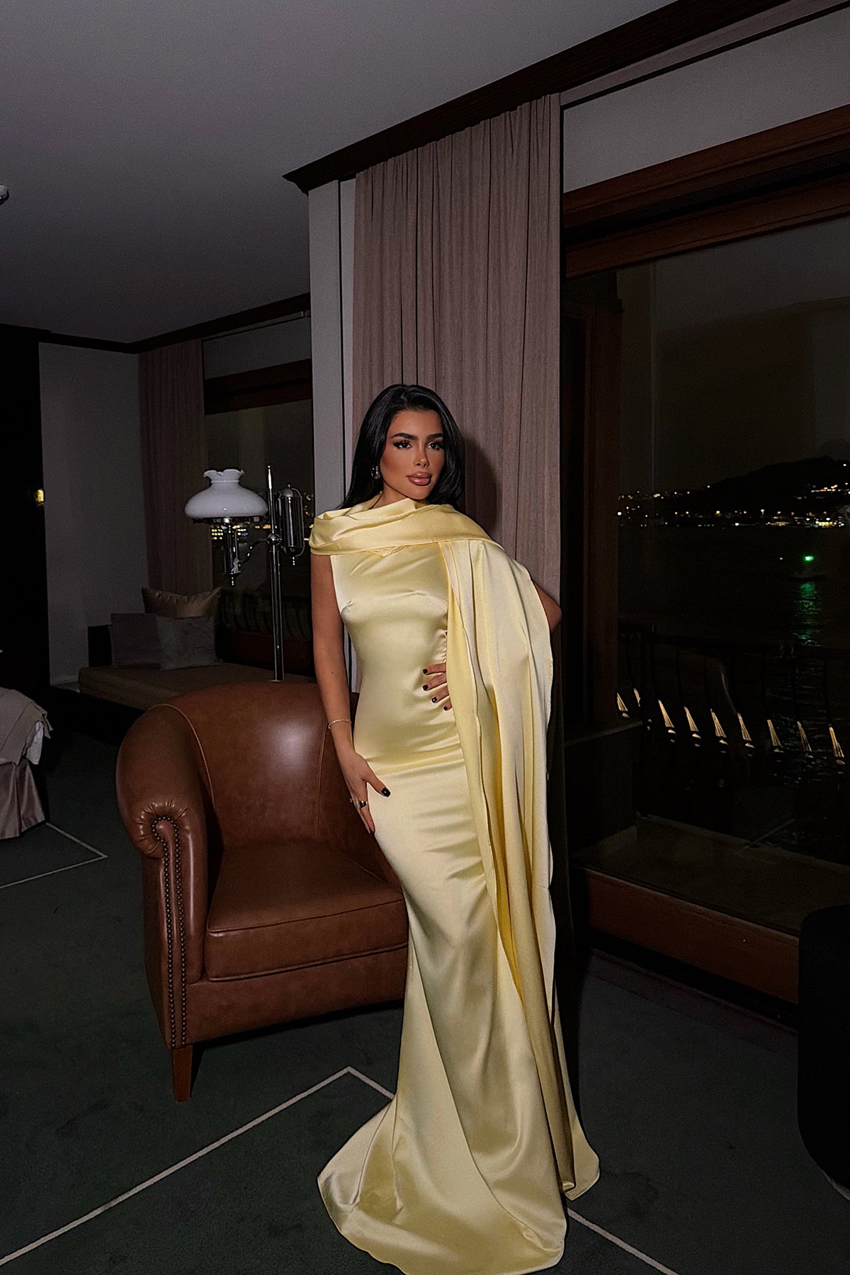 Sarı Messcy Uzun Fularlı Elbise ATE-3990