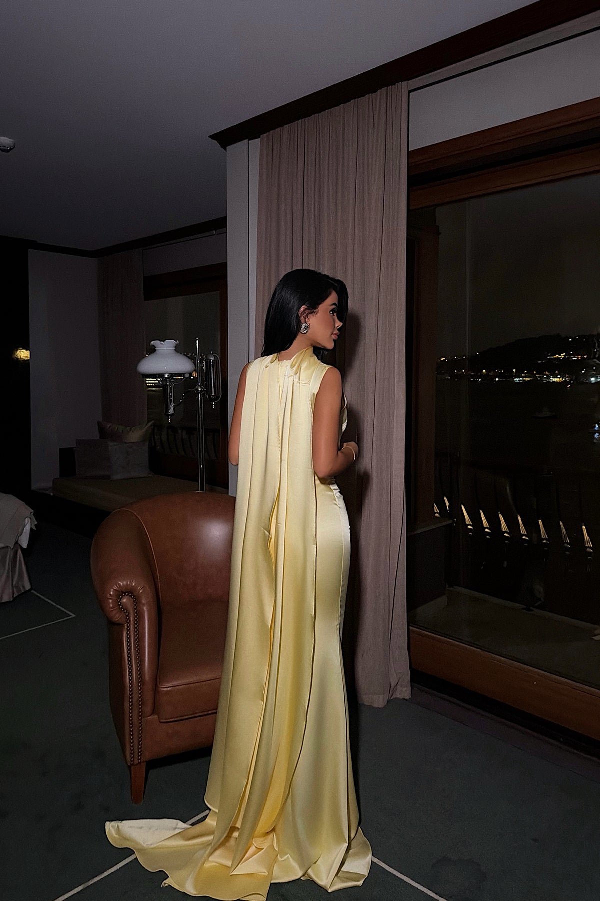 Sarı Messcy Uzun Fularlı Elbise ATE-3990