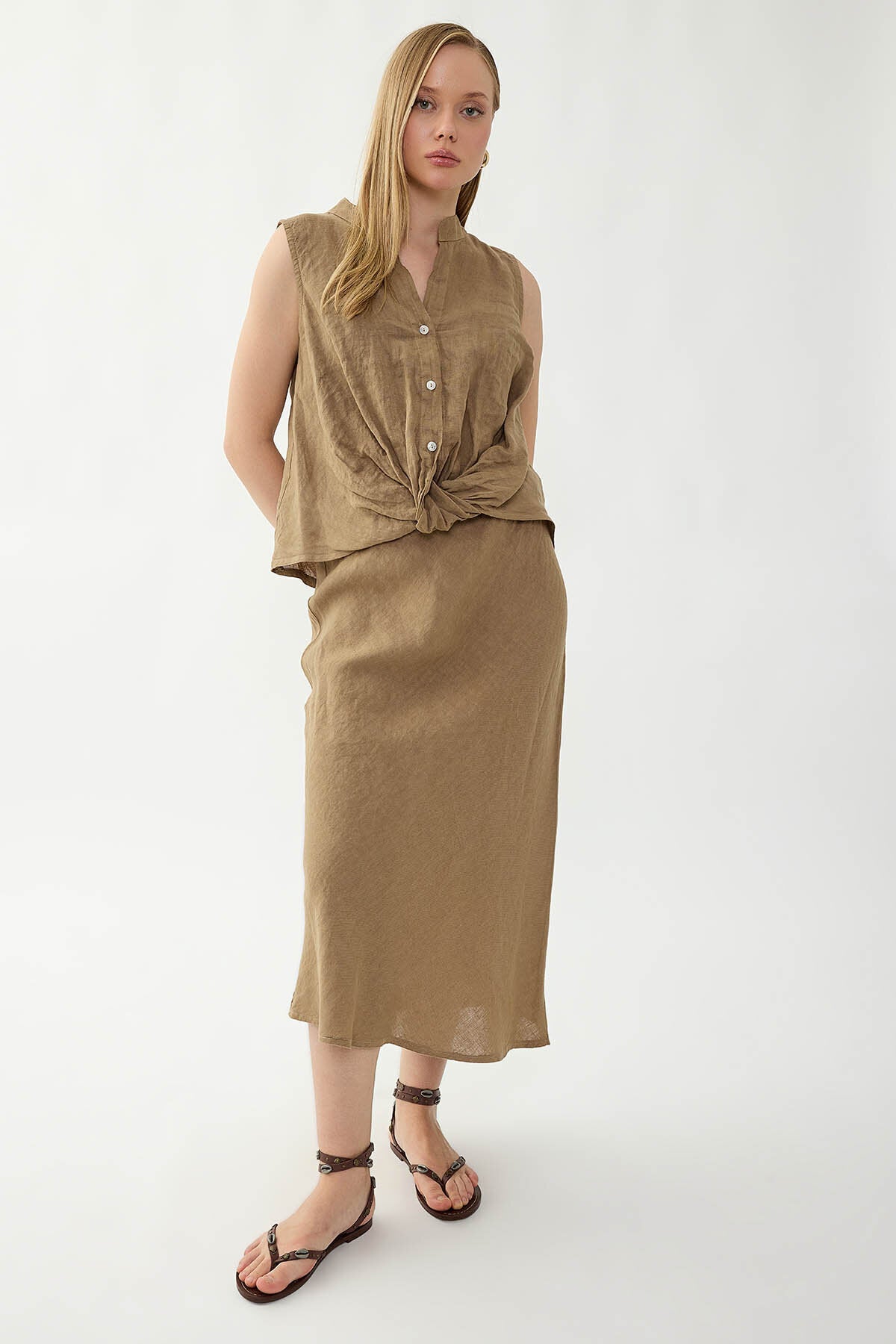 %100 Keten Sedef Düğme Önü Büzgülü Bluz