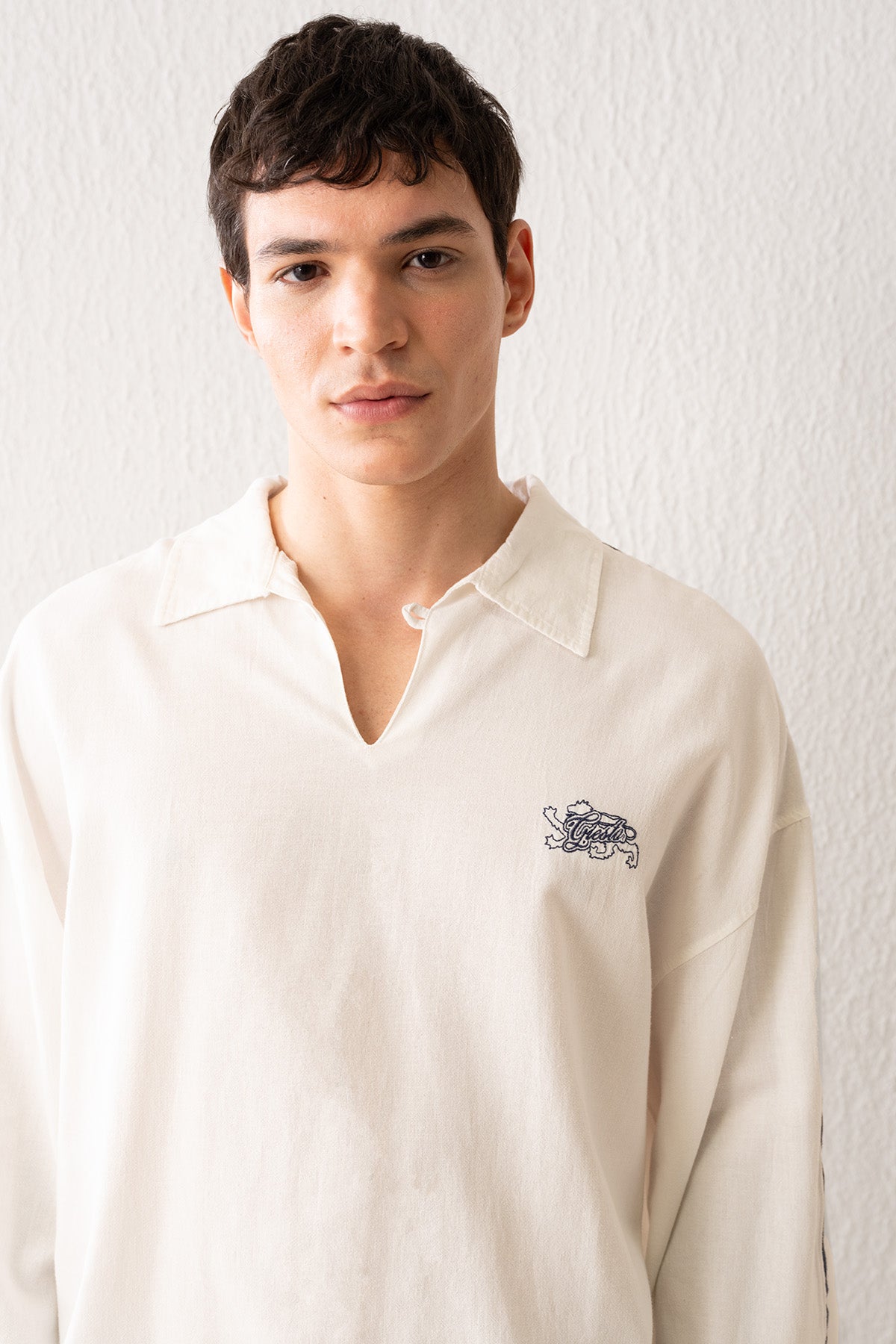 ŞERİT DETAYLI KETEN BEYAZ T-SHIRT - BEYAZ S