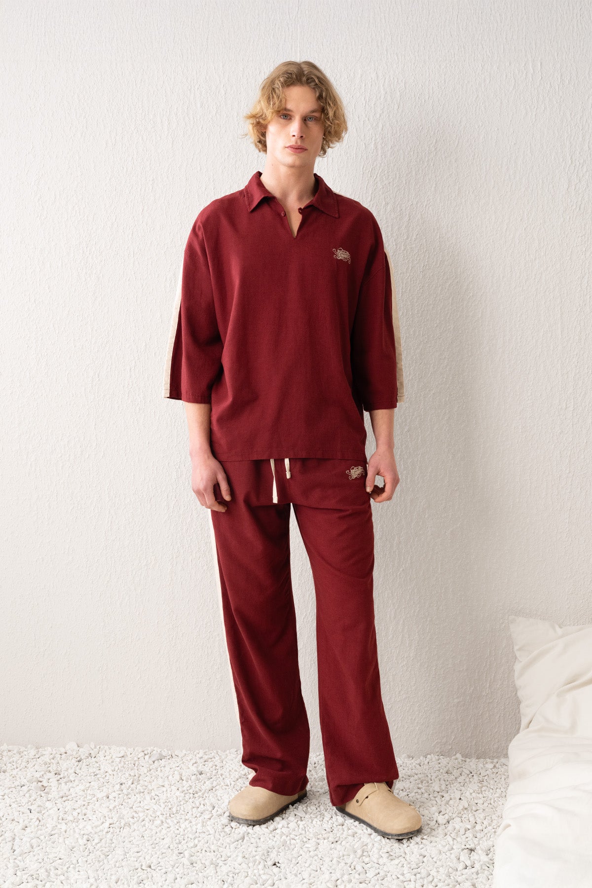 ŞERİT DETAYLI KETEN BORDO T-SHIRT - BORDO S
