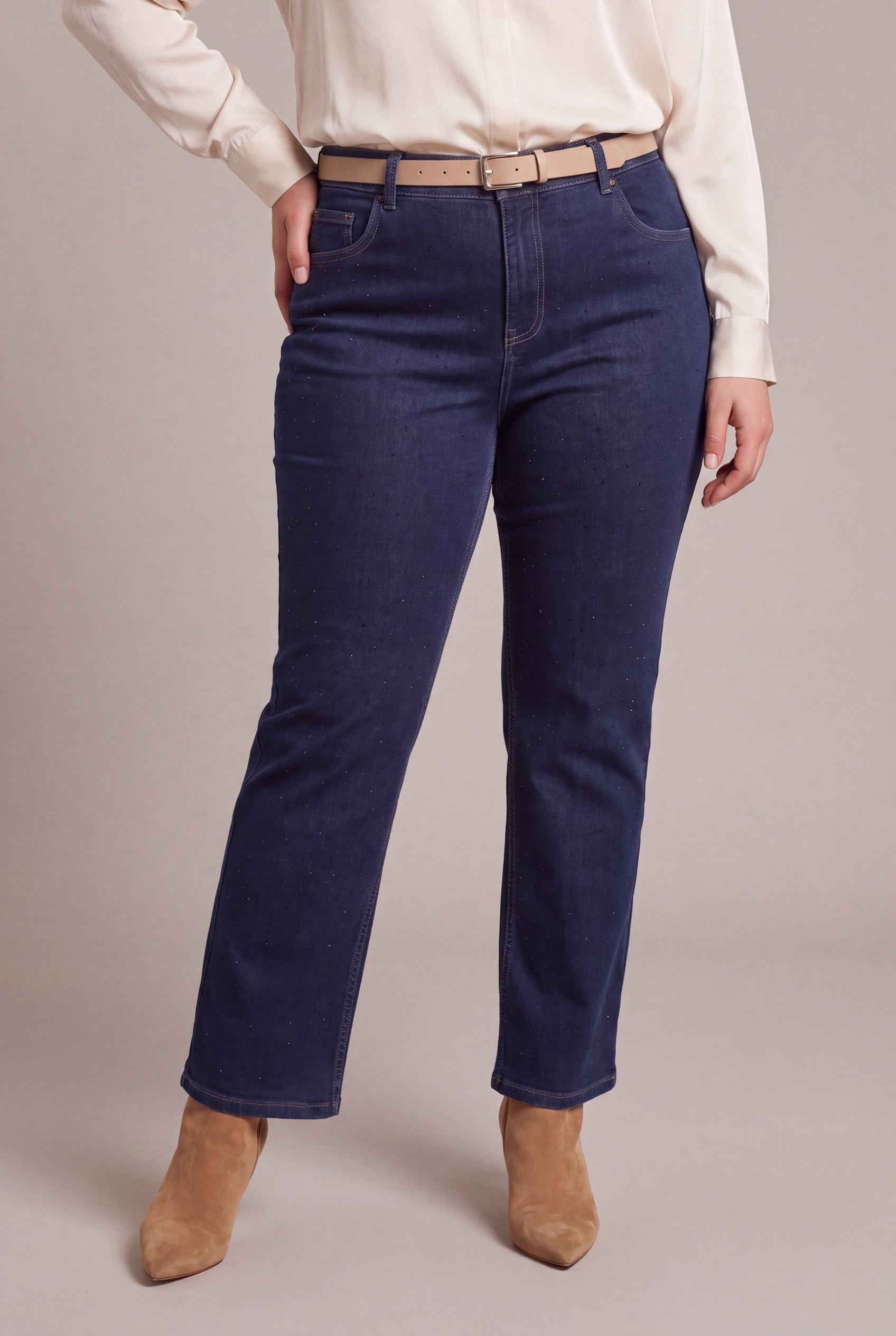 Serpme Taş Detaylı Boru Paça Büyük Beden Denim Pantolon Lacivert