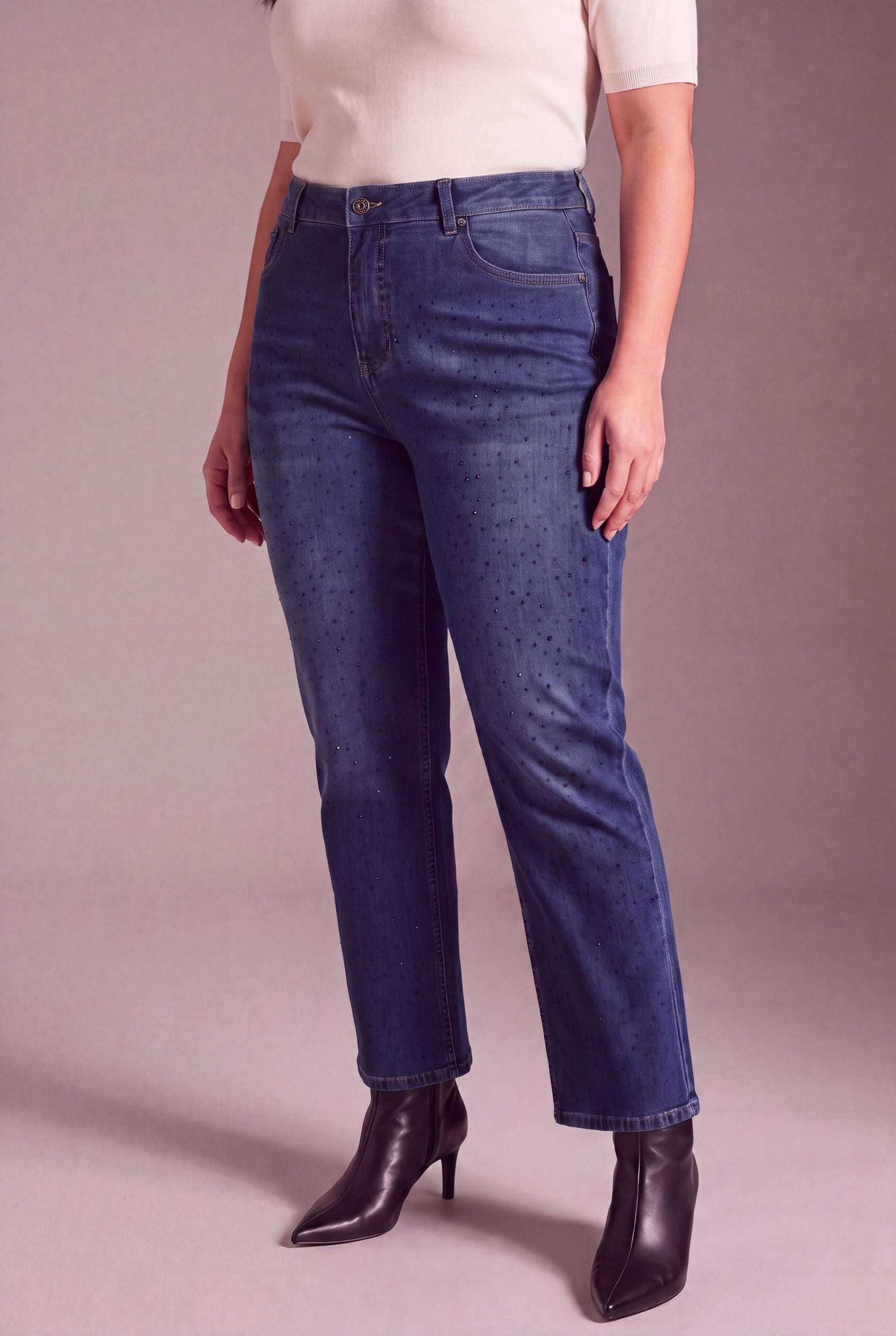 Serpme Taş Detaylı Boru Paça Büyük Beden Denim Pantolon Mavi