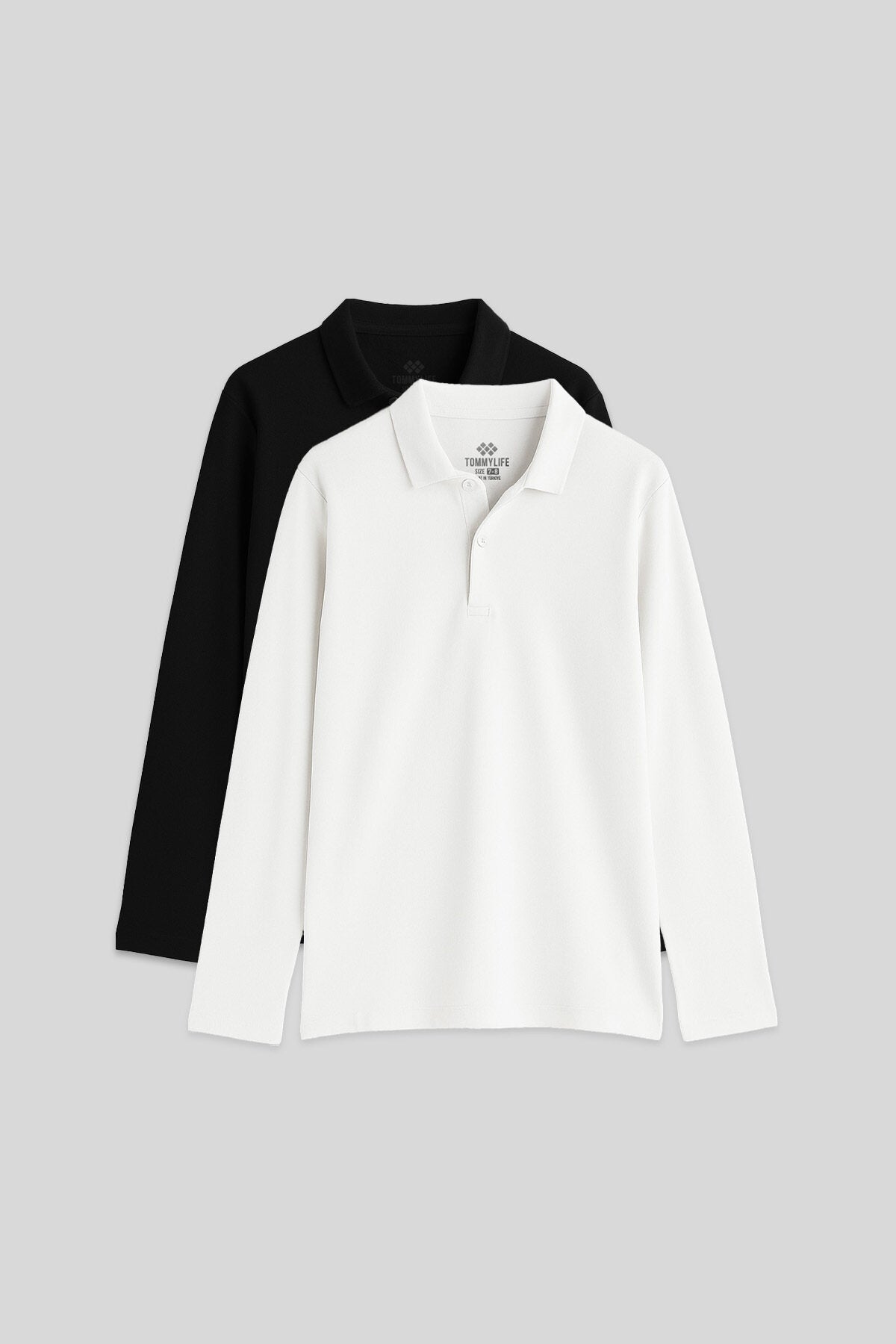 Basic Polo Yaka 2'li Paket Siyah-Beyaz Unisex Çocuk T-Shirt - 11170