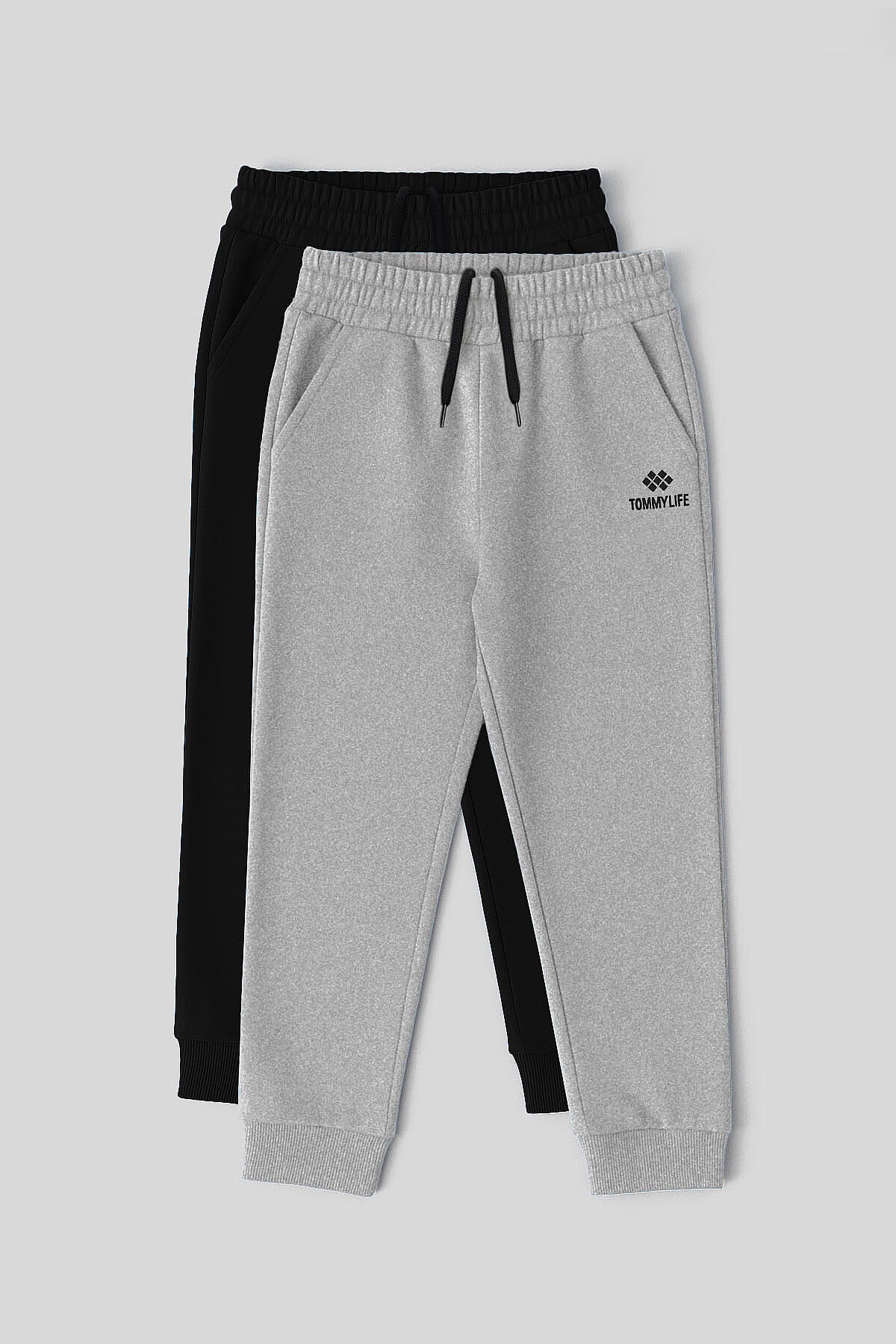 Standart Fit 2'li Paket Siyah-Gri Melanj Erkek Çocuk Eşofman Alt - 11205