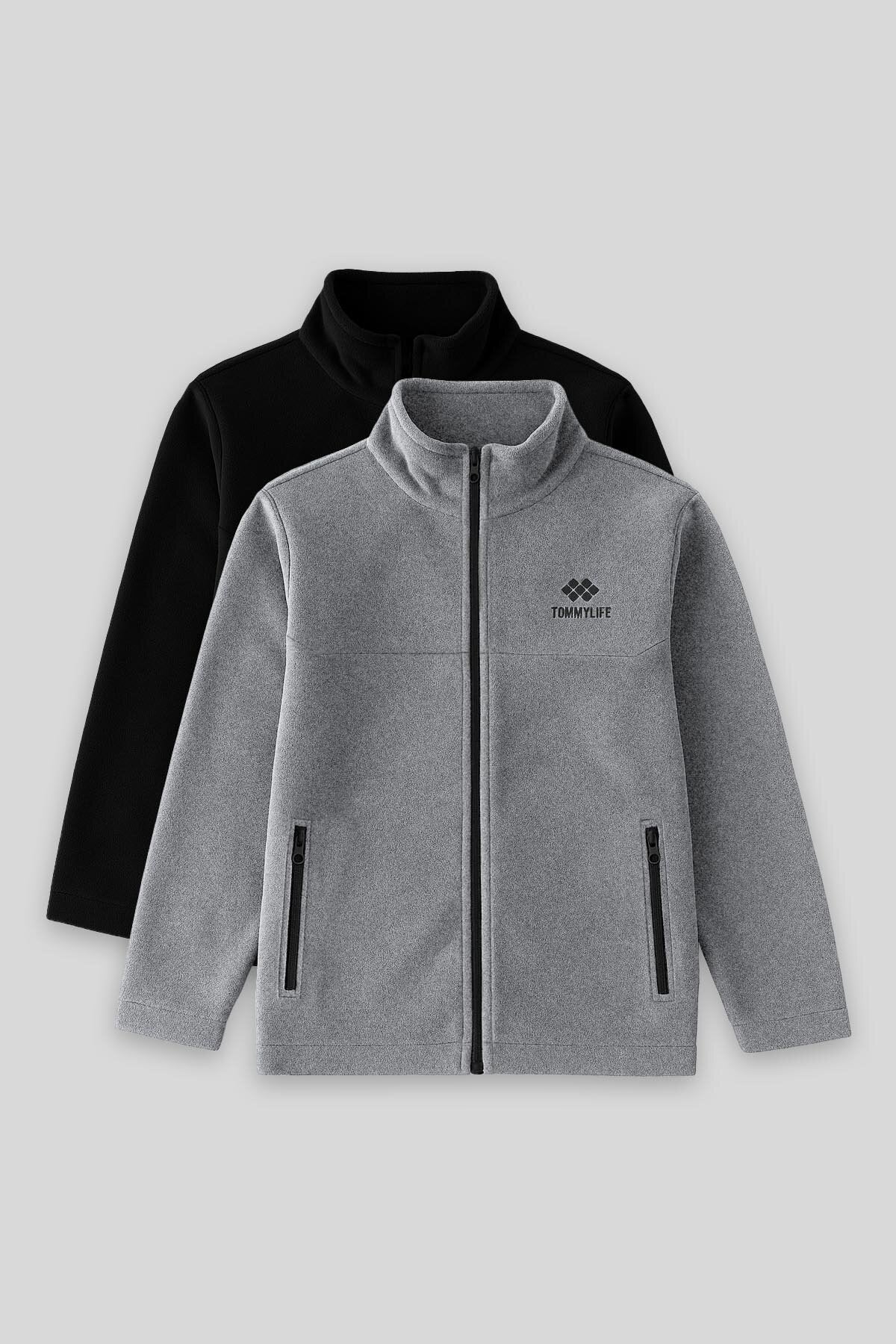 Standart Fit 2'li Paket Siyah-Gri Melanj Erkek Çocuk Polar Sweatshirt - 11223