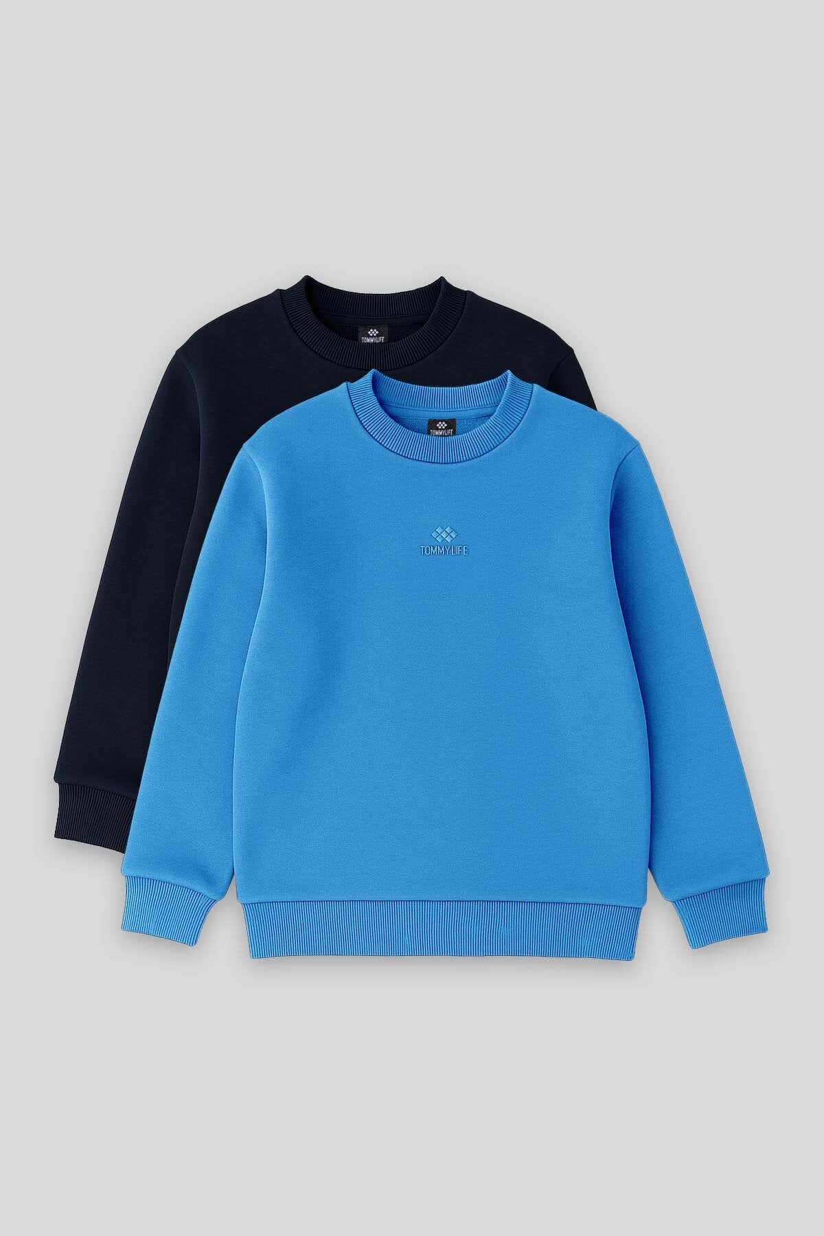 Standart Fit 2'li Paket Lacivert-Saks Erkek Çocuk Sweatshirt - 11232