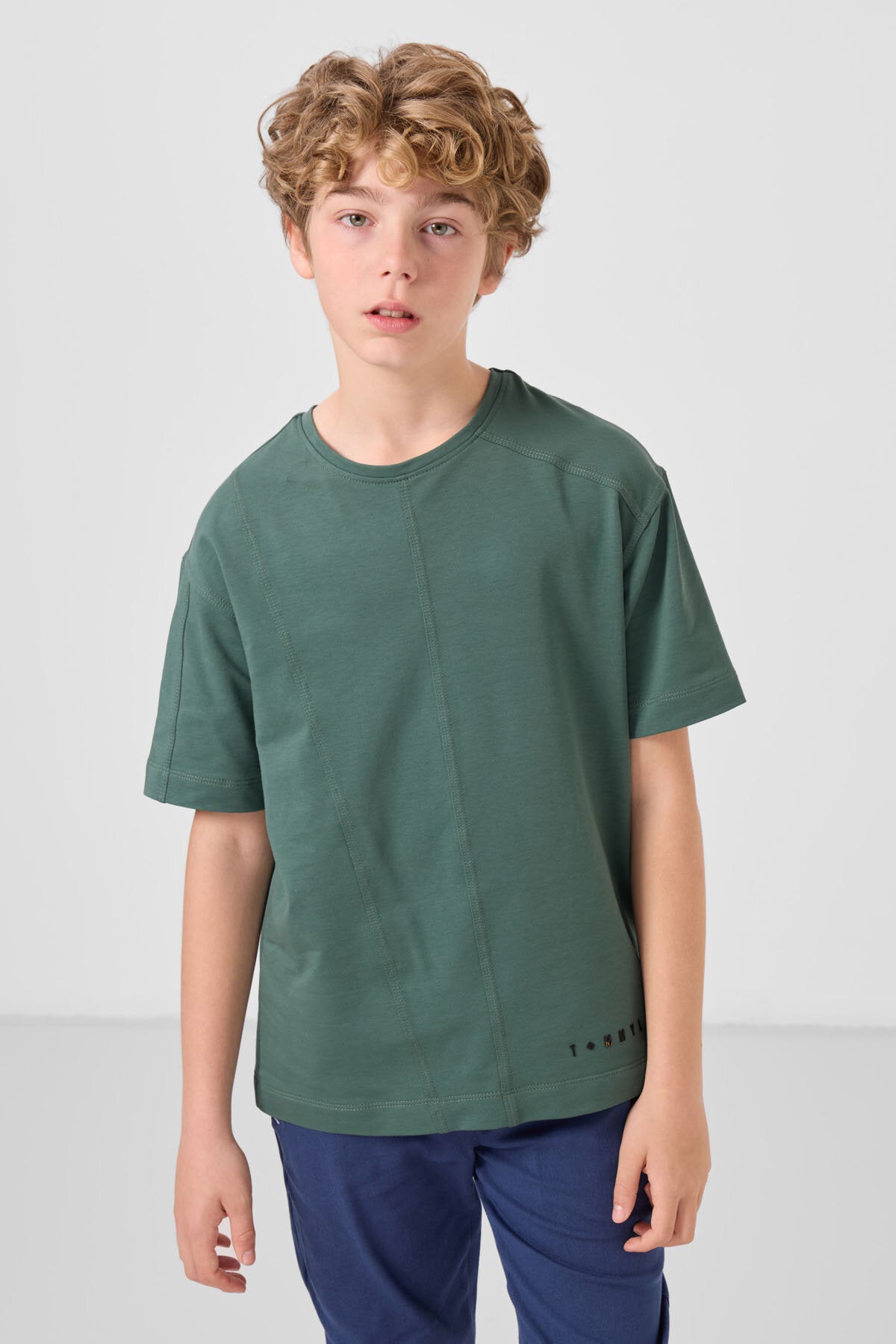 Basic Oversize O Yaka 2'li Paket Ekru-Açık Yeşil Erkek Çocuk T-Shirt - 11297