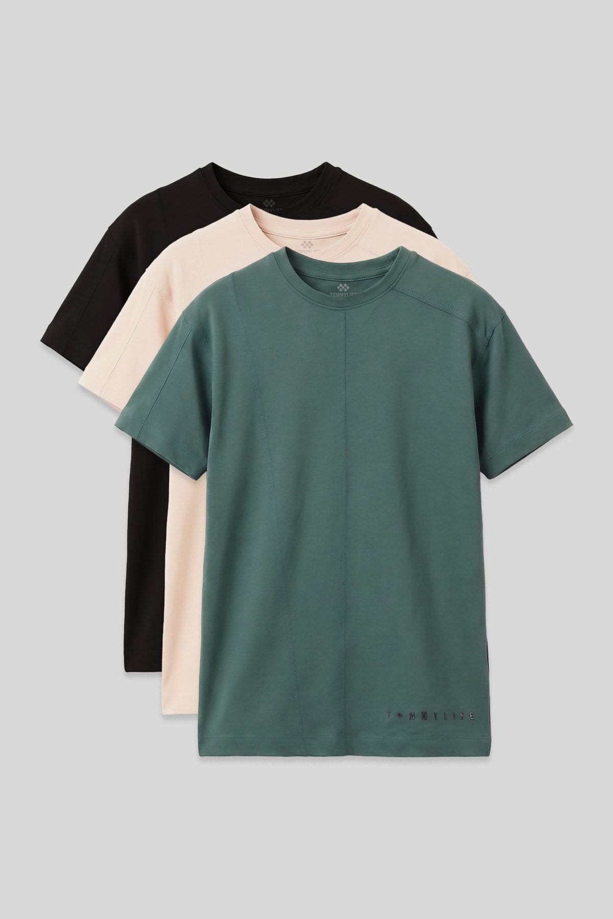 Basic Oversize O Yaka 3'lü Paket Siyah-Bej-Açık Yeşil Erkek Çocuk T-Shirt - 11297