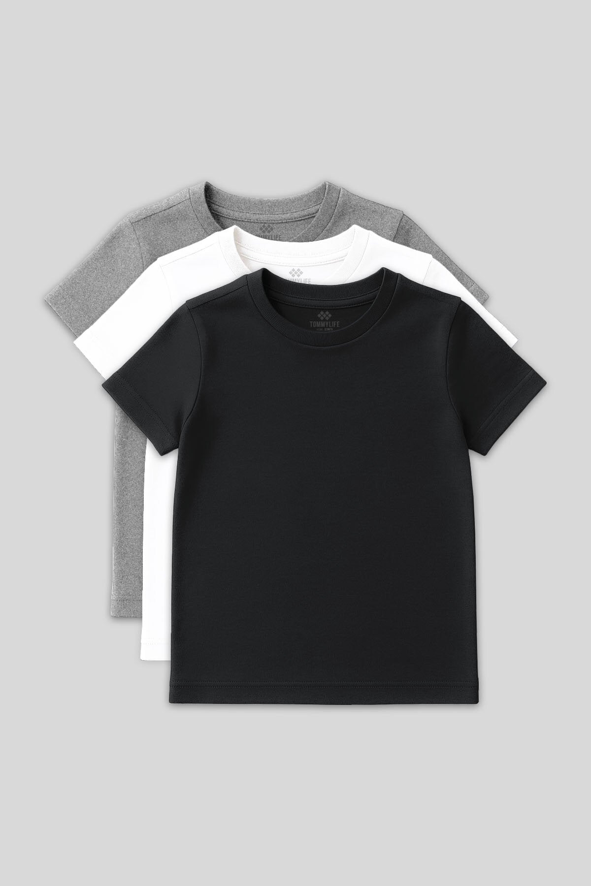Standart Fit Basic O Yaka 3'lü Paket Gri Melanj-Antrasit-Beyaz Unisex Çocuk T-Shirt - 11328
