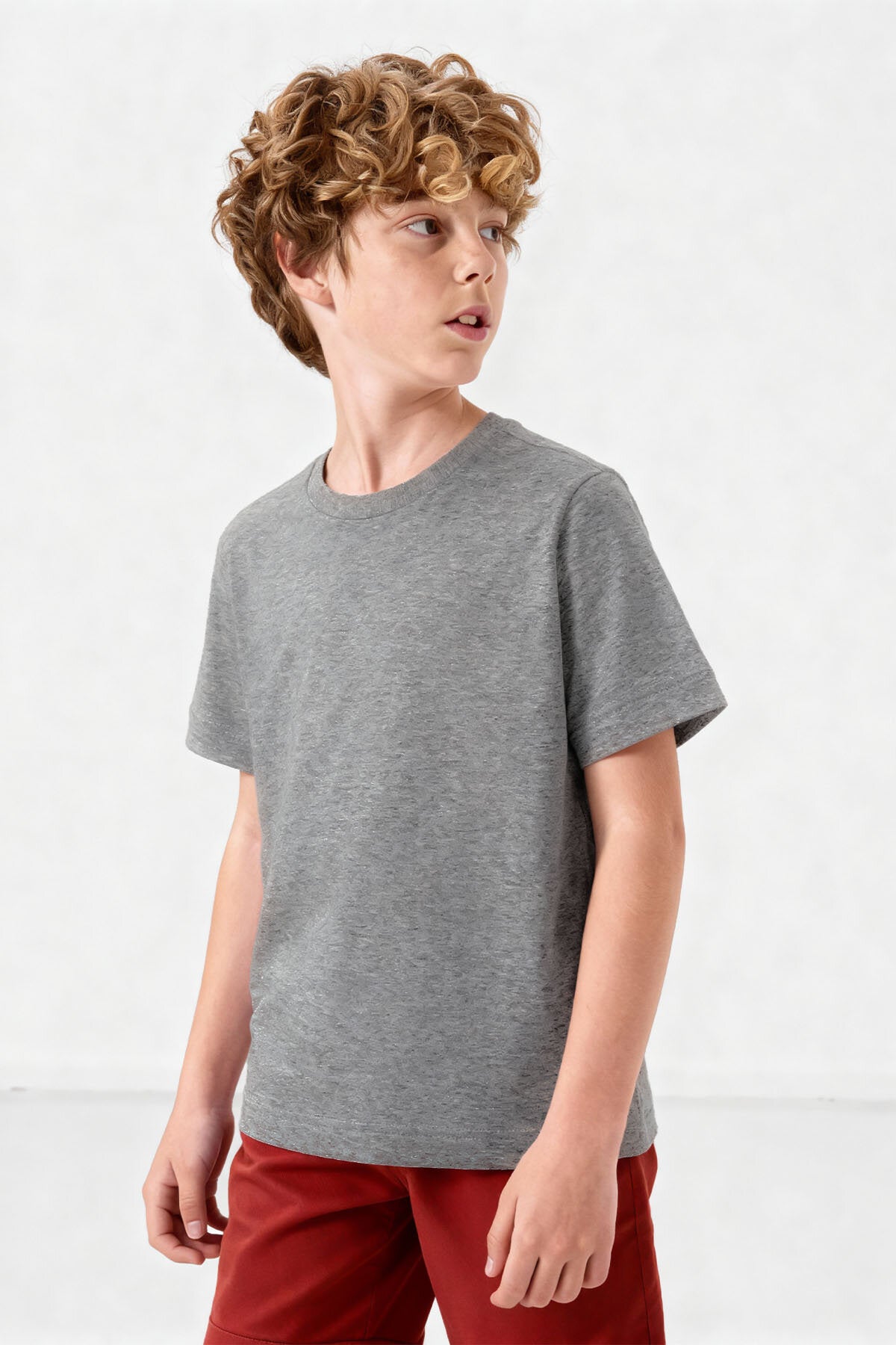 Standart Fit Basic O Yaka 3'lü Paket Gri Melanj-Antrasit-Beyaz Unisex Çocuk T-Shirt - 11328