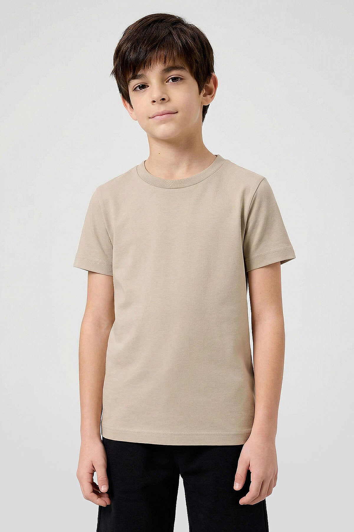 Standart Fit Basic O Yaka 3'lü Paket Siyah-Beyaz-Bej Unisex Çocuk T-Shirt - 11328