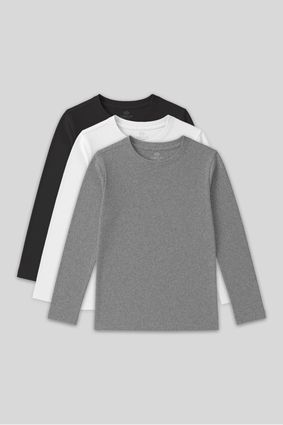 Standart Fit Basic O Yaka 3'lü Paket Gri Melanj-Antrasit-Beyaz Unisex Çocuk T-Shirt - 11329