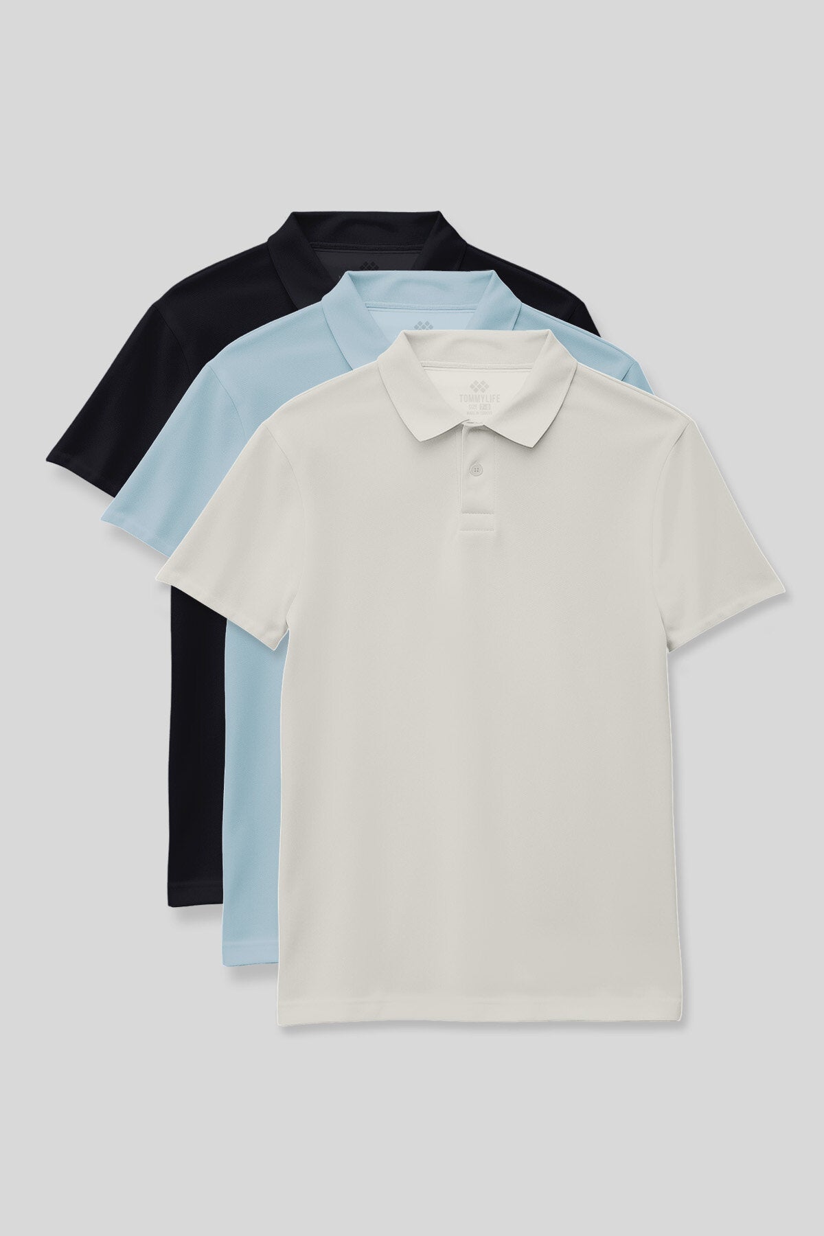 Standart Fit Basic Polo Yaka 3'lü Paket Lacivert-Ekru-Açık Mavi Unisex Çocuk T-Shirt - 11330
