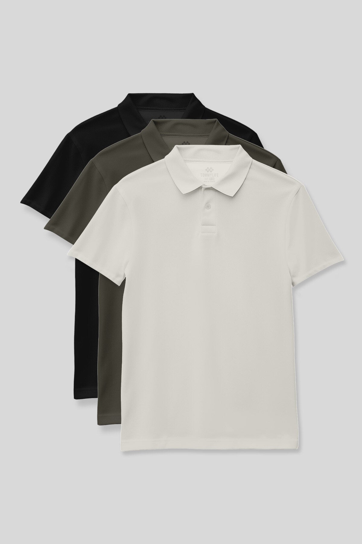 Standart Fit Basic Polo Yaka 3'lü Paket Siyah-Haki-Ekru Unisex Çocuk T-Shirt - 11330