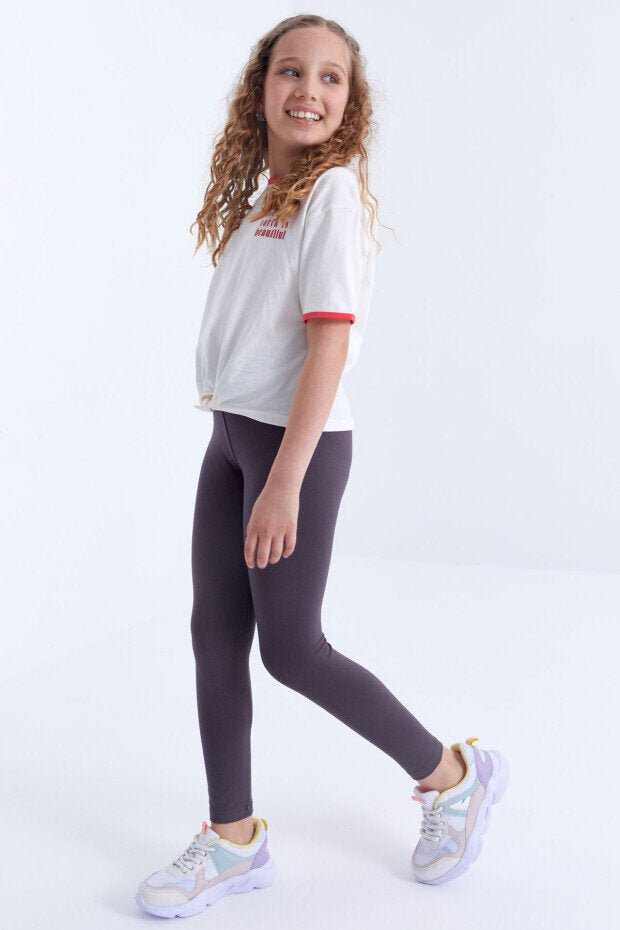 Standart Fit Basic 3'lü Paket Eflatun-Koyu Bej-Kahverengi  Kız Çocuk Tayt - 75047