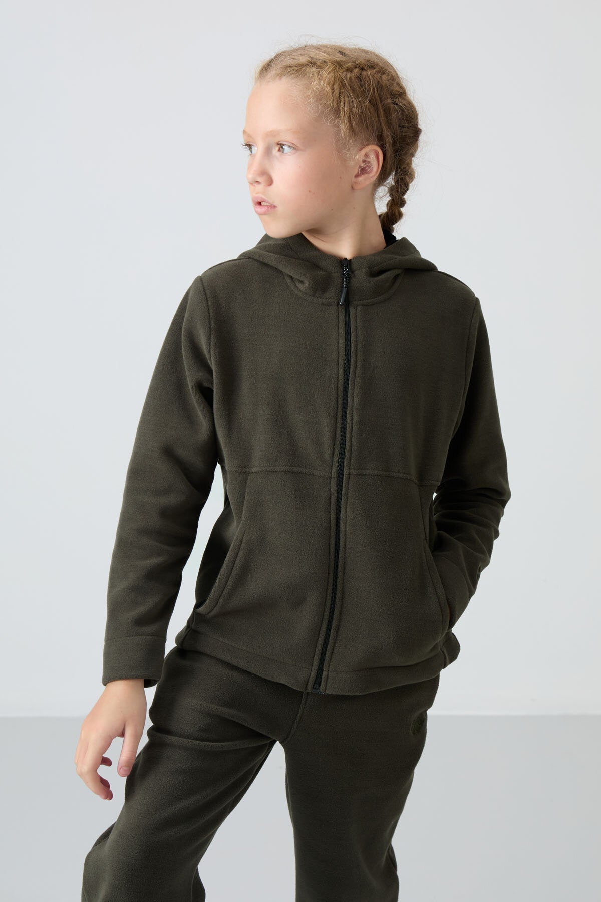 Standart Fit Kapüşonlu 2'li Paket Haki-Koyu Bej Kız Çocuk Sweatshirt - 75152