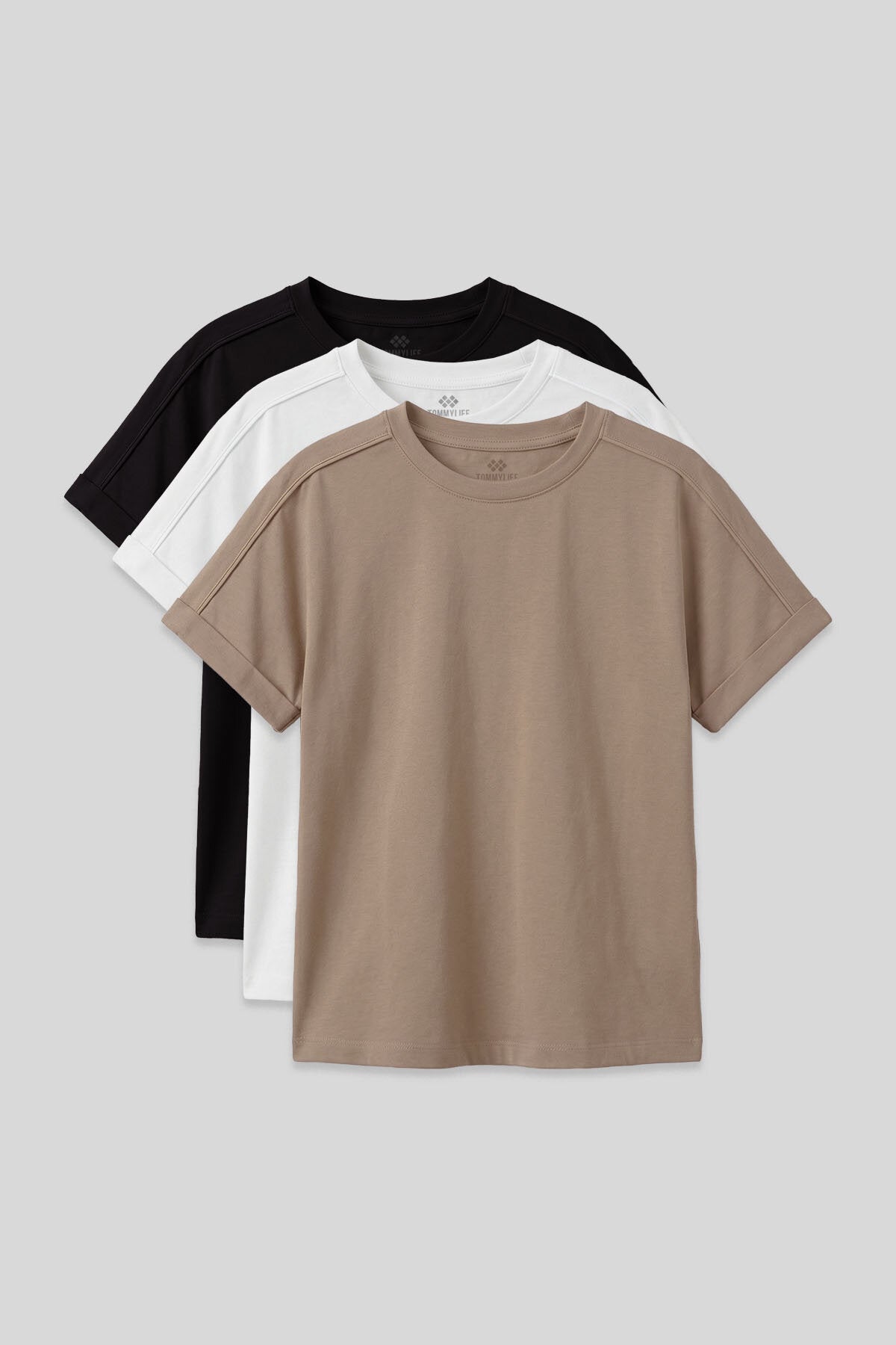 Oversize Fit O Yaka Basic 3'lü Paket Siyah-Beyaz-Koyu Bej Kız Çocuk T-Shirt - 75182